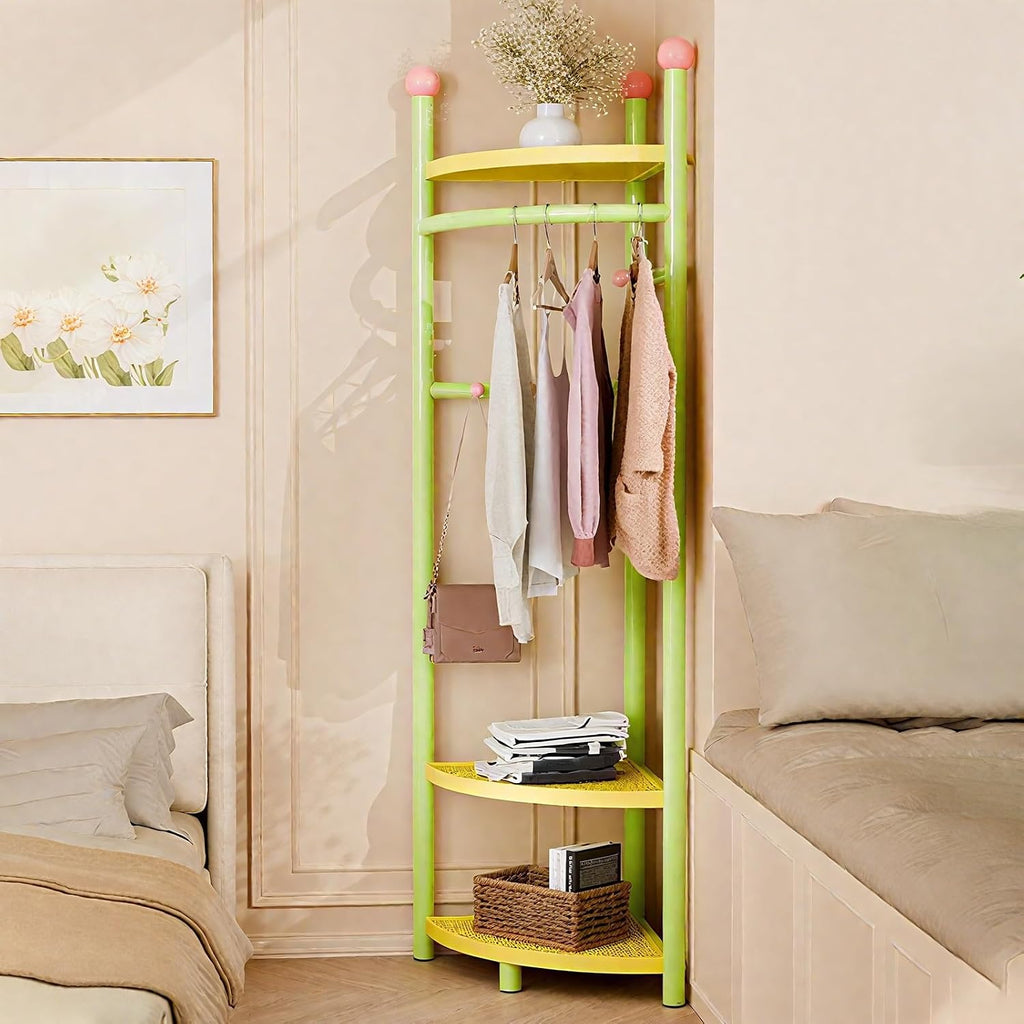 Corner Coat Rack, Corner Hall Tree with 3 Tier Shelves, Metal Clothes Rack, Freestanding Garment Racks for Bedroom, Living Room, Entryway(Green)