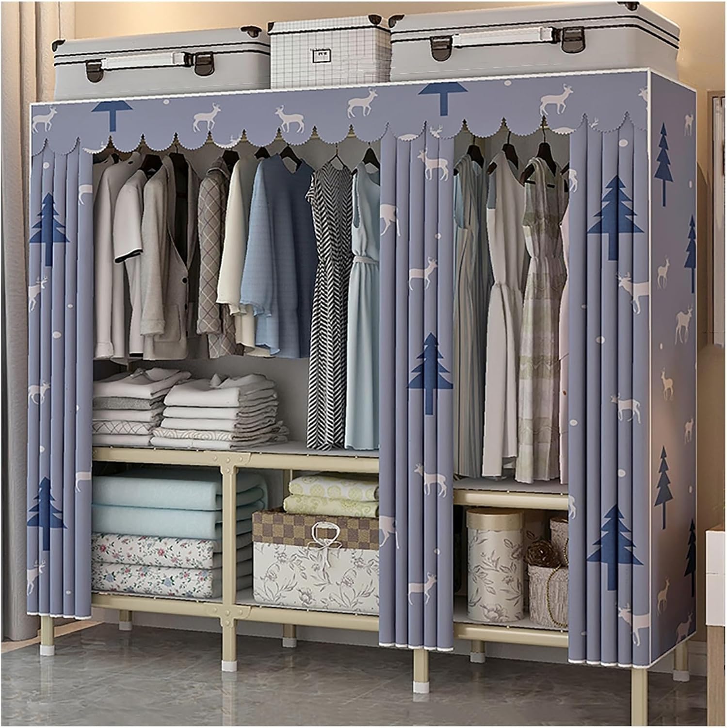 Foldable Wardrobe Closets With Cover, Metal Freestanding Clothing Rack, Portable Garment Rack With Hanging Rods, Quick And Easy To Assembly, For Bedroom(Blue 1,190cm/74.8inch)