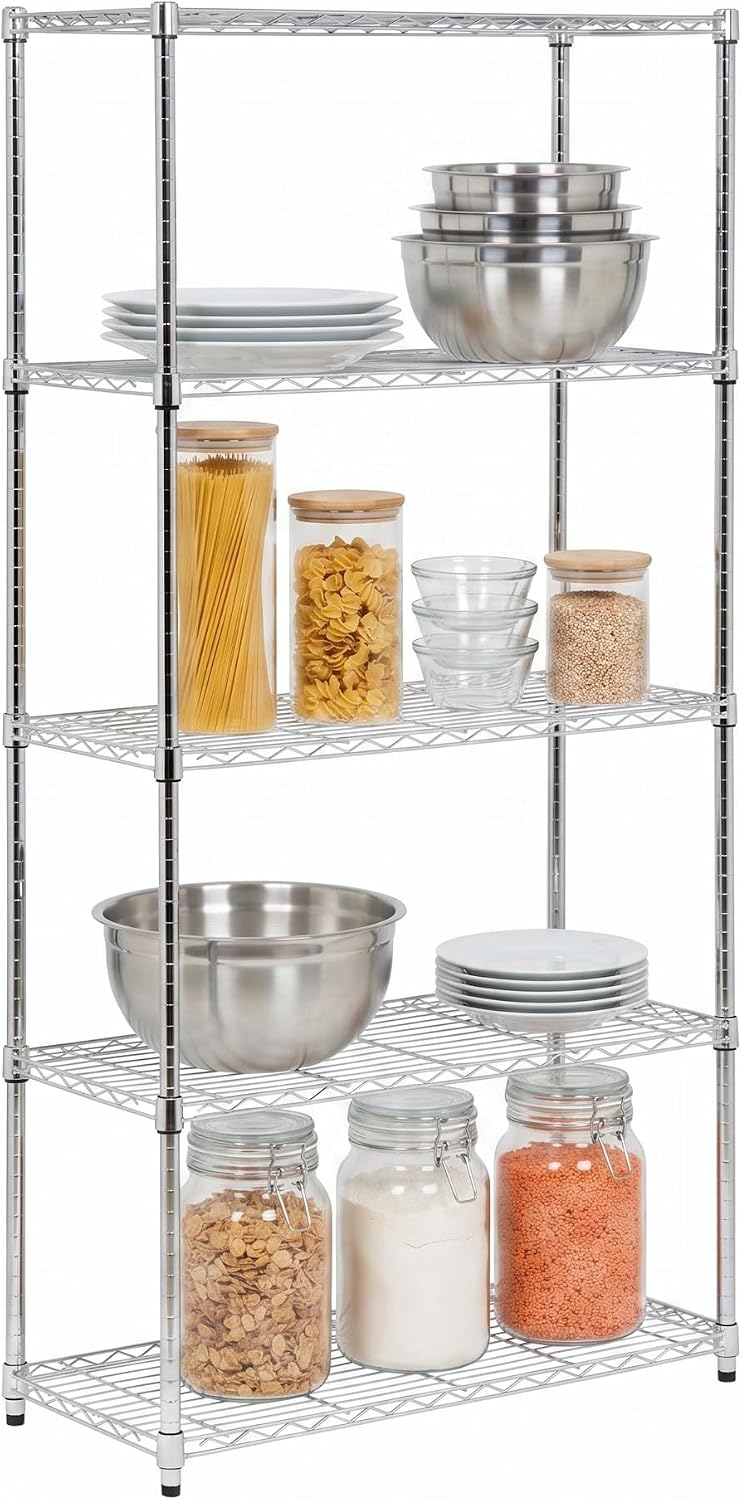 Honey-Can-Do 5-Tier Heavy Duty Adjustable Shelving Unit with Wheels, 350-lb Per Shelf NSF Certified Rolling Metal Storage Rack, Chrome Wire Shelf, 36 x 18 x 72 in