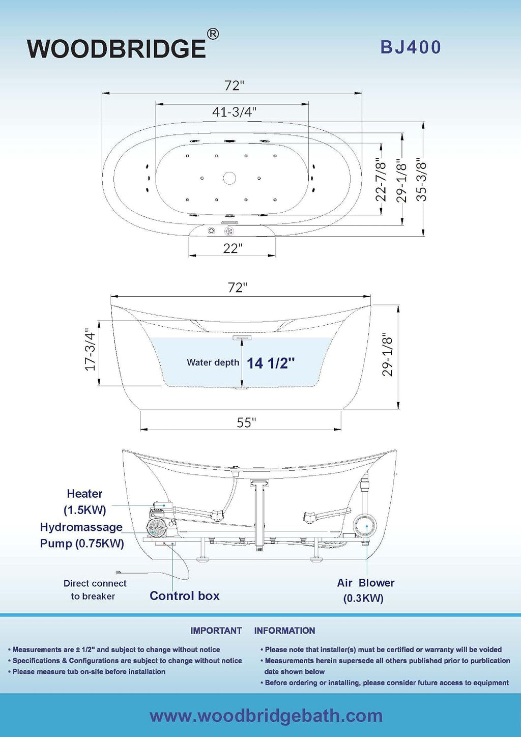 WOODBRIDGE 72' x 35-3/8' Whirlpool Water Jetted and Air Bubble Freestanding Heated Soaking Combination Bathtub with LED control panel , BJ400