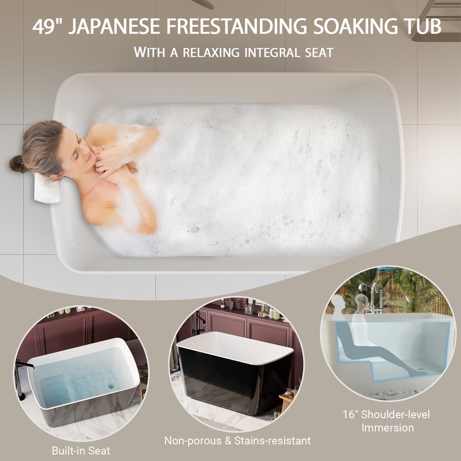 GDFStudio 49' x 28' Acrylic Freestanding Soaking Tub, Square Japanese-Style Sit-In Hot Bathtub with Chrome Overflow & Drain, cUPC Certified, 55 Gallon Capacity, Glossy Black