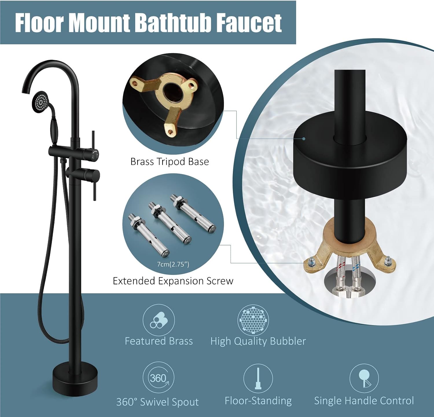 Aolemi Floor Mount Bathtub Faucet Freestanding Tub Filler Standing High Flow Shower Faucets with Vintage Handheld Matte Black