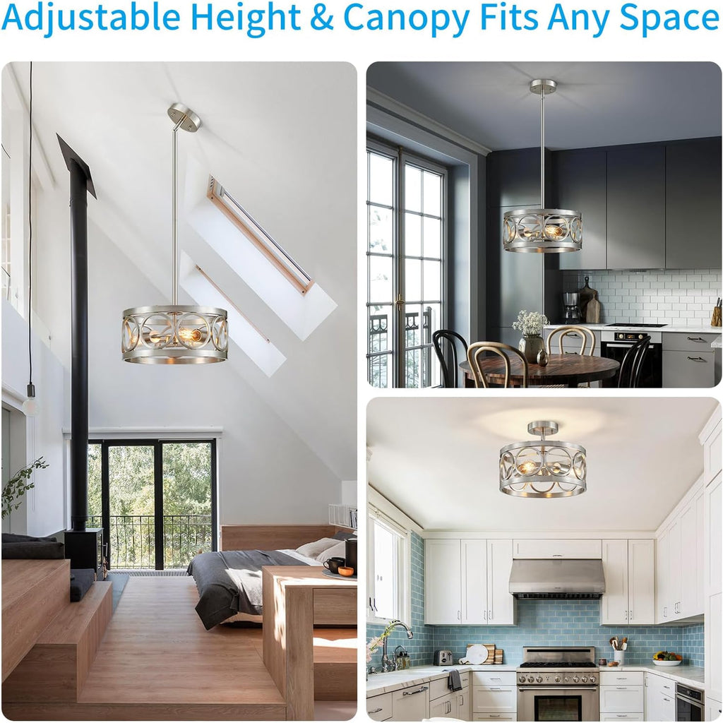 XINGQI Brushed Nickel 3-Light Rustic Ceiling Light Modern Adjustable Height Pendant Lighting Fixture Antique Drum Lamp for Living Room Bedroom Entryway Corridors 13'