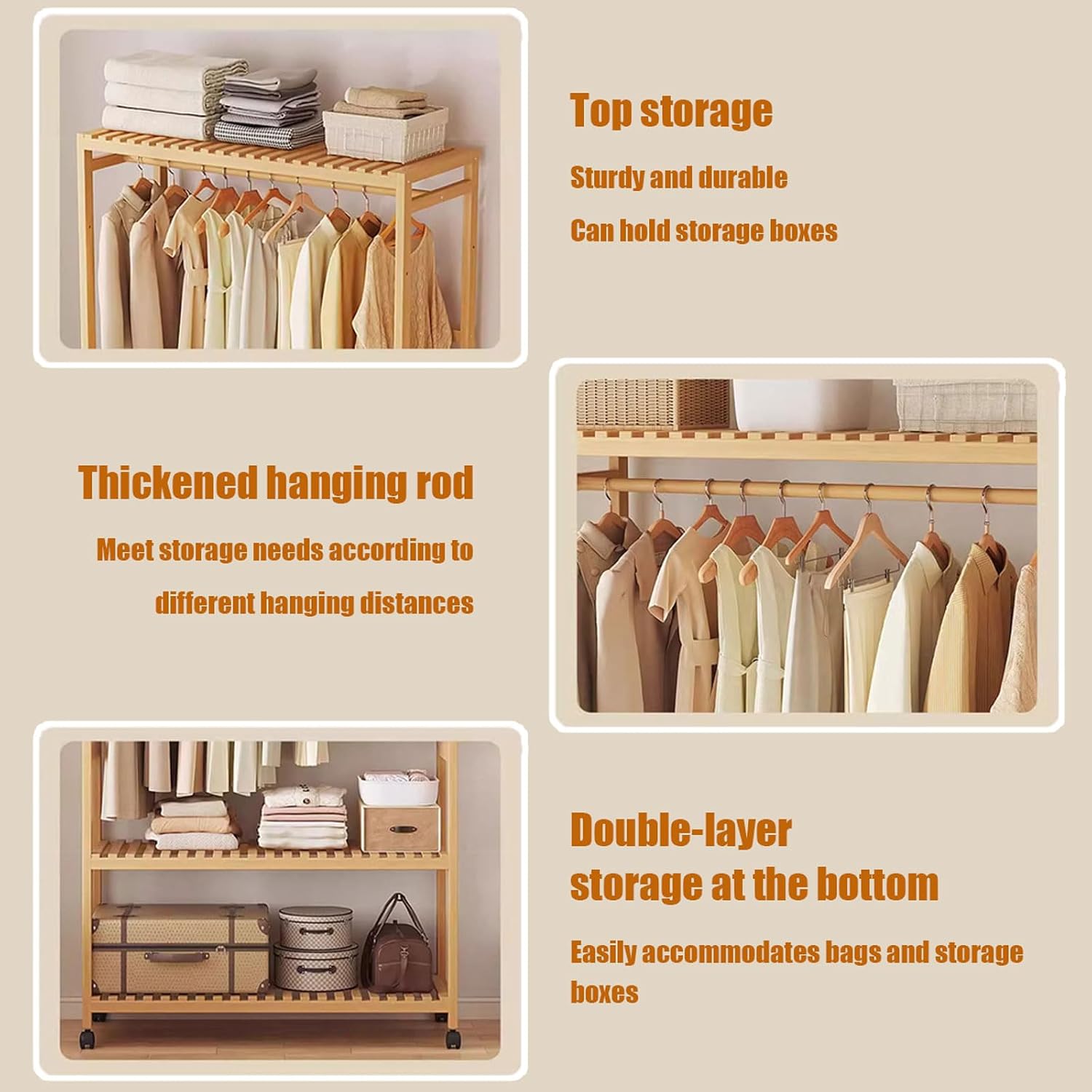 Bamboo Clothing Rack on Wheels, Rolling Clothes Rail Rack with Adjustable Storage Shelves and Hanging Rails, Free Standing Garment Rack for Bedroom Living Room