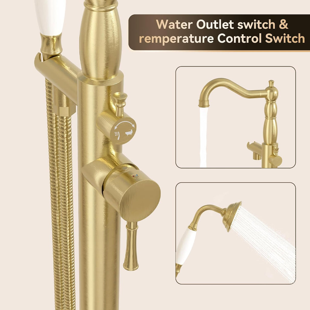SUPERFLO Freestanding Bathtub Faucet Brushed Gold Tub Fillers Freestanding, Brass Free Standing Tub Faucet Floor Mounted With Ceramic Retro Hand Shower & Water Hose