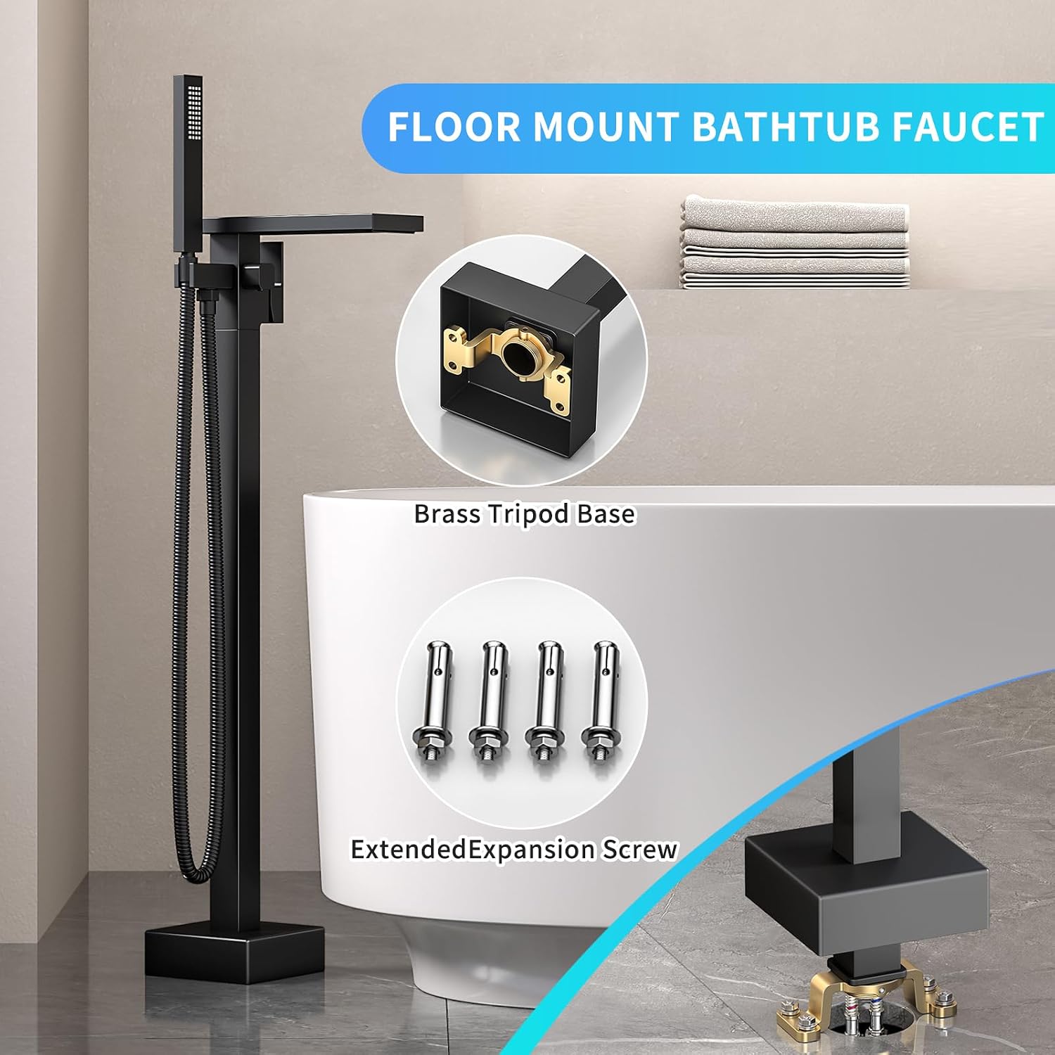 Freestanding Bathtub Faucet with Handheld Spray Single,High Flow Waterfall Bath Shower Faucet,Floor Mount Bathtub Faucet Swivel Flat Waterfall Spout Matte Black
