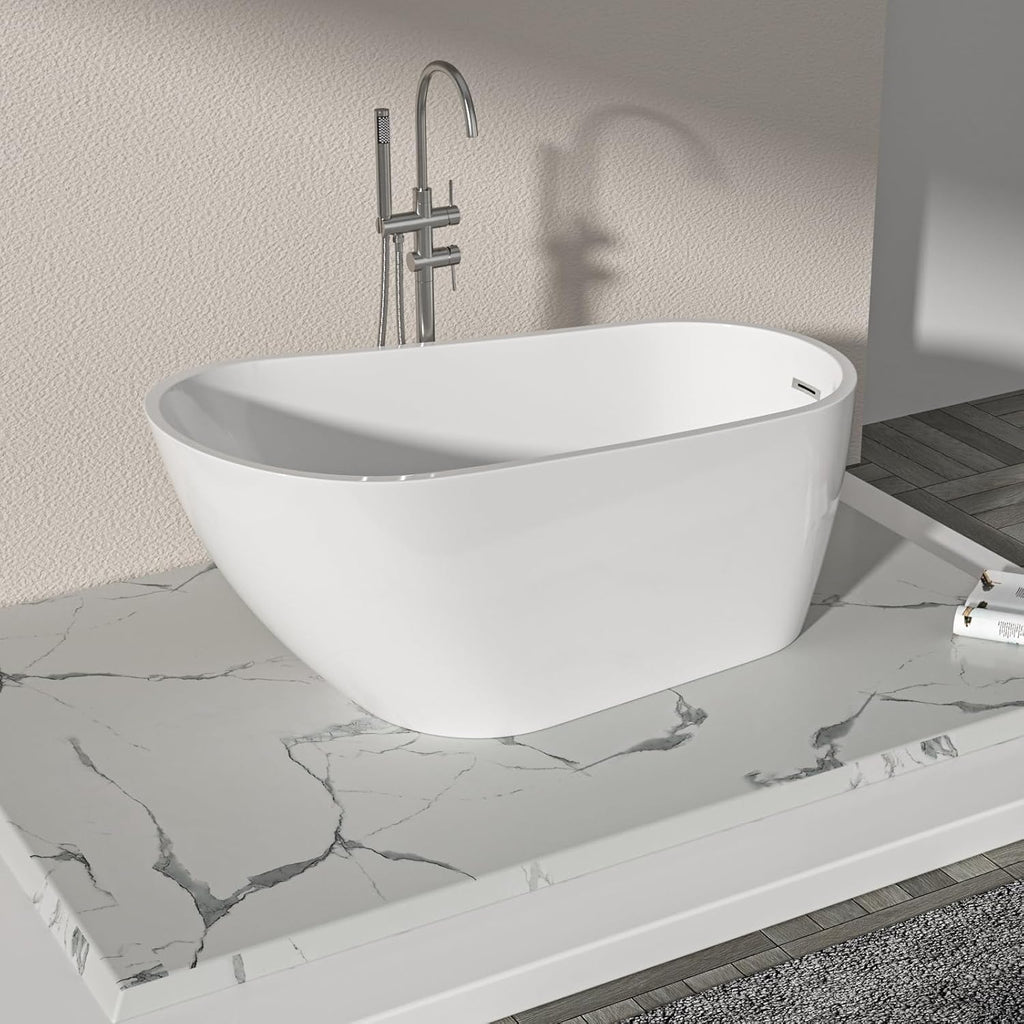 Logmey 59 Inch White Acrylic Freestanding Bathtub with Overflow Oval Shape Soaking Tub with Chrome Drain Assembly for Modern Classic Bathrooms