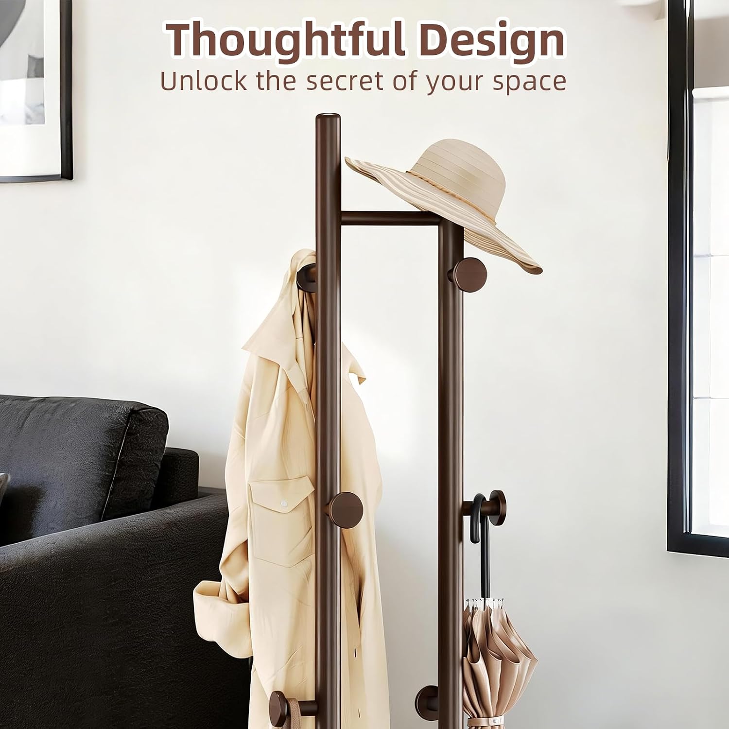 CozyDH Coat Rack Wooden Freestanding - Wood Coat Rack Freestanding Heavy Duty, Wooden Coat Stand with 6 Hooks Creative Look for Entryway, Hallway, Bedroom (Dark Walnut)