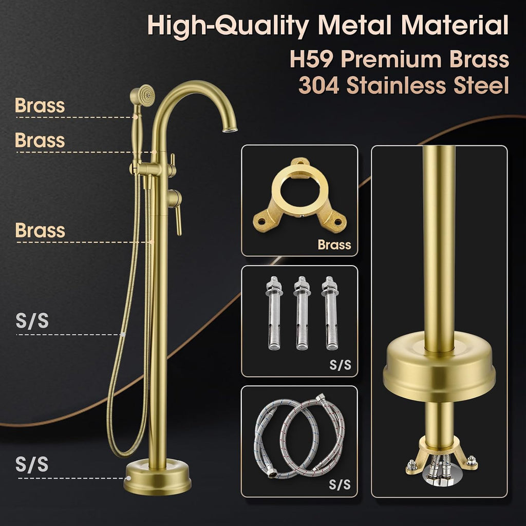 Freestanding Tub Faucets, Brass Freestanding Bathtub Faucet with Hand Shower, Floor Mount Tub Filler with Sprayer Brushed Light Gold（WT-9811BG03）