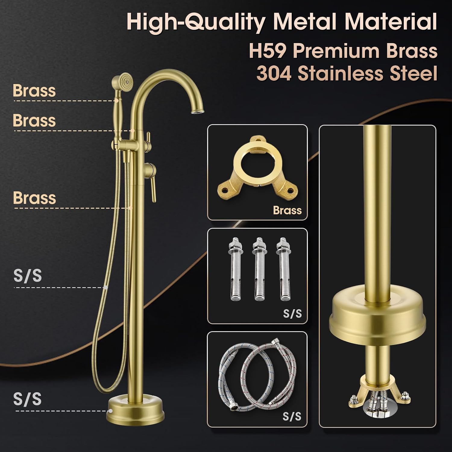 Freestanding Tub Faucets, Brass Freestanding Bathtub Faucet with Hand Shower, Floor Mount Tub Filler with Sprayer Brushed Light Gold（WT-9811BG03）