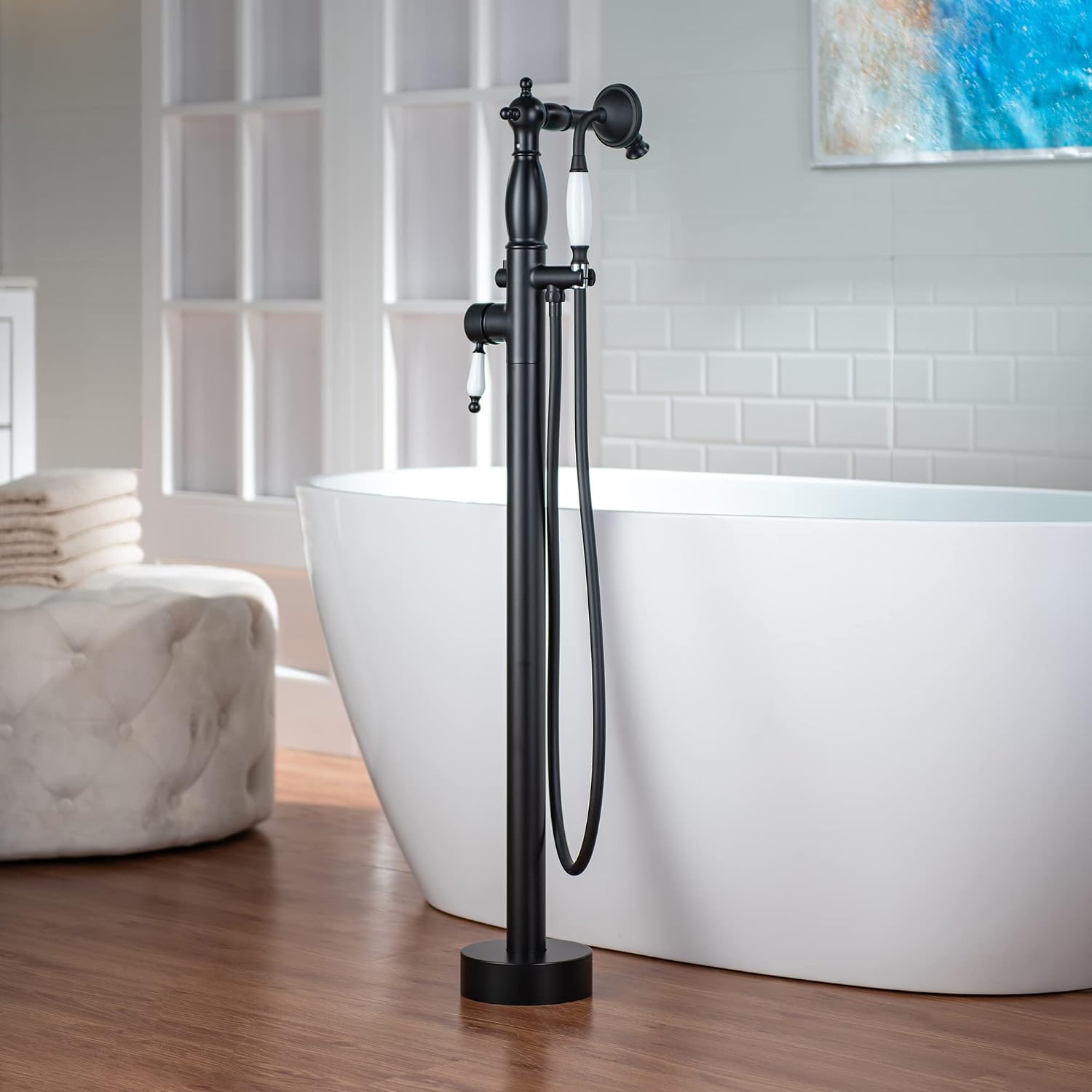WOODBRIDGE Contemporary Single Handle Floor Mount Freestanding Tub Filler Faucet with Hand Shower in Matte Black Finish