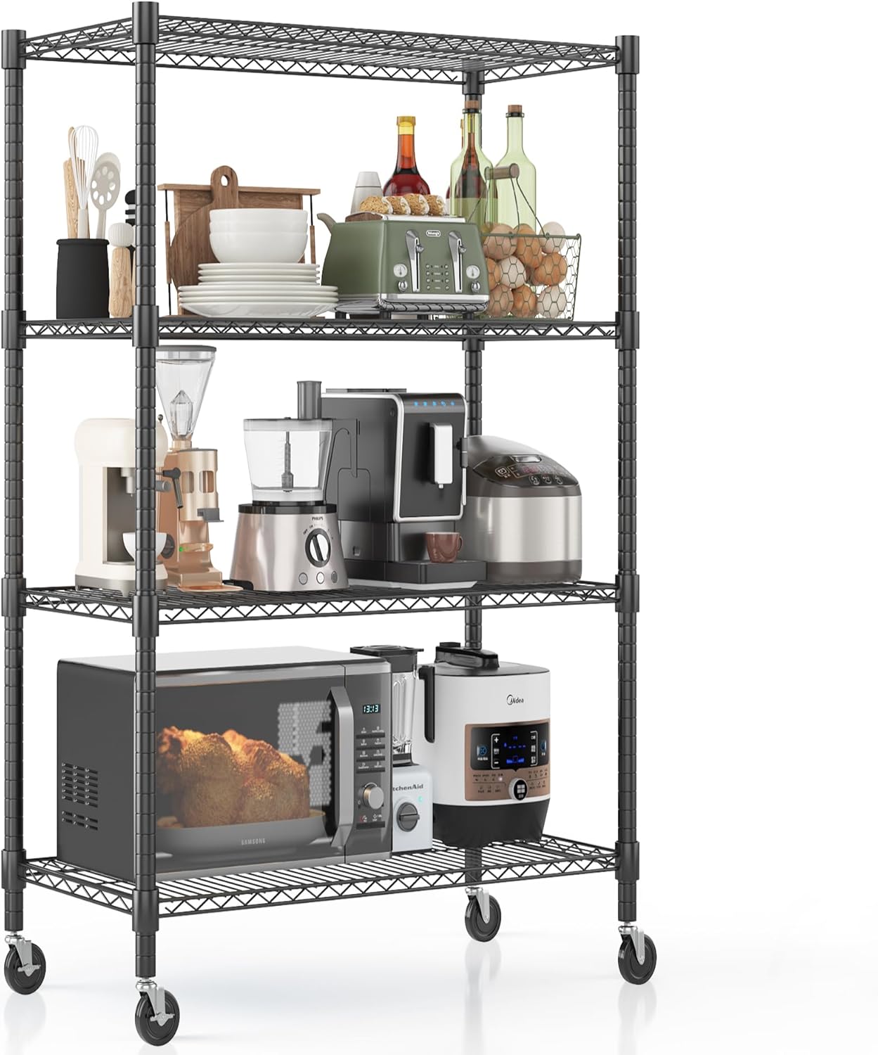 Homdox Heavy Duty Metal Shelves for Storage, 4 Tier Storage Racks and Shelving, Commercial Adjustable Wire Shelving Unit on Wheels, Garage Rack Pantry Shelves Kitchen Shelving, 18'x36'x72', Black