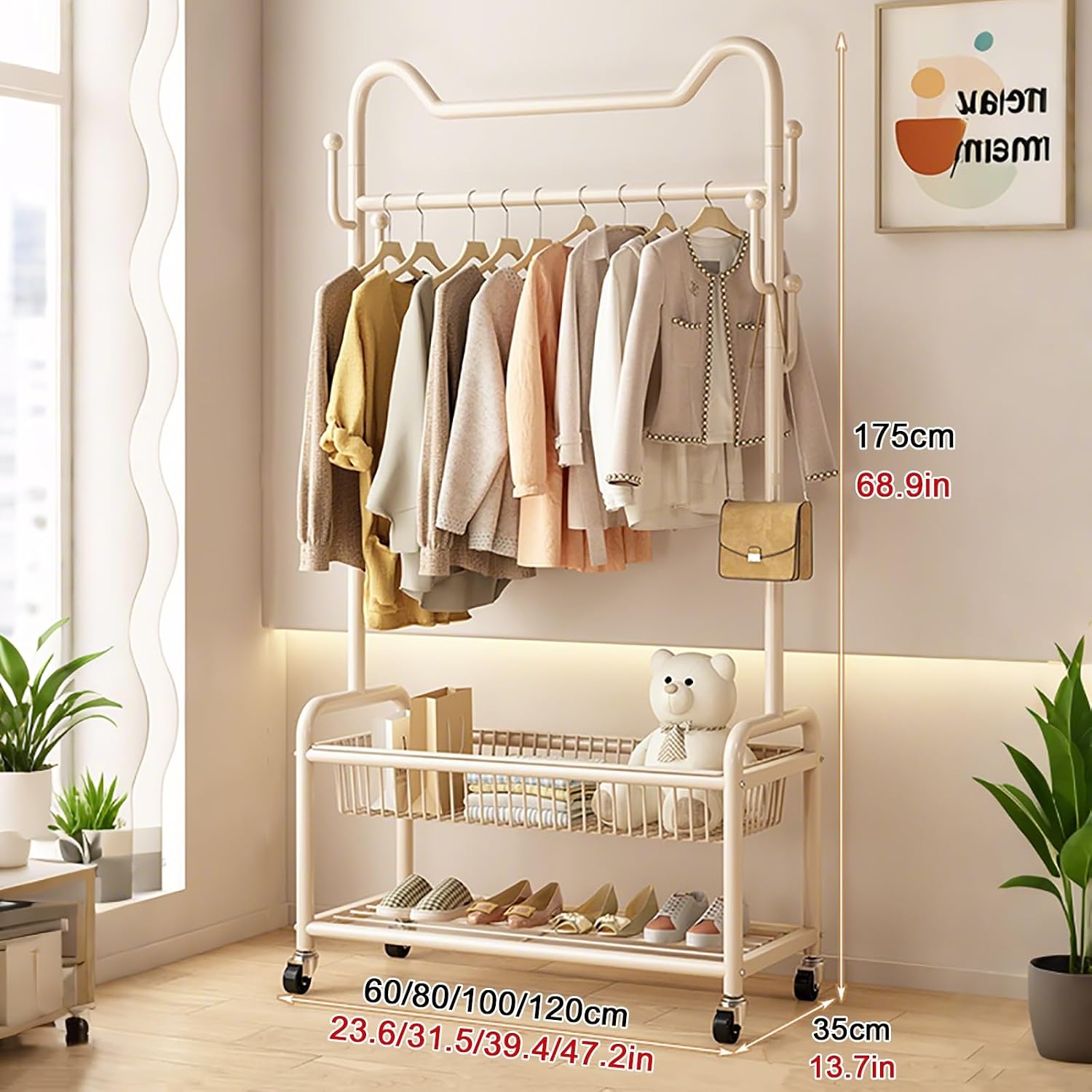 Heavy-Duty Clothes Rack,Garment Rack With Storage Shelves And Coat/Hat Hooks,Hanging Racks For Clothes With Wheels,Freestanding Rolling Clothing Organizer For Bedroom Storage(Gold,60cm(23.6in))