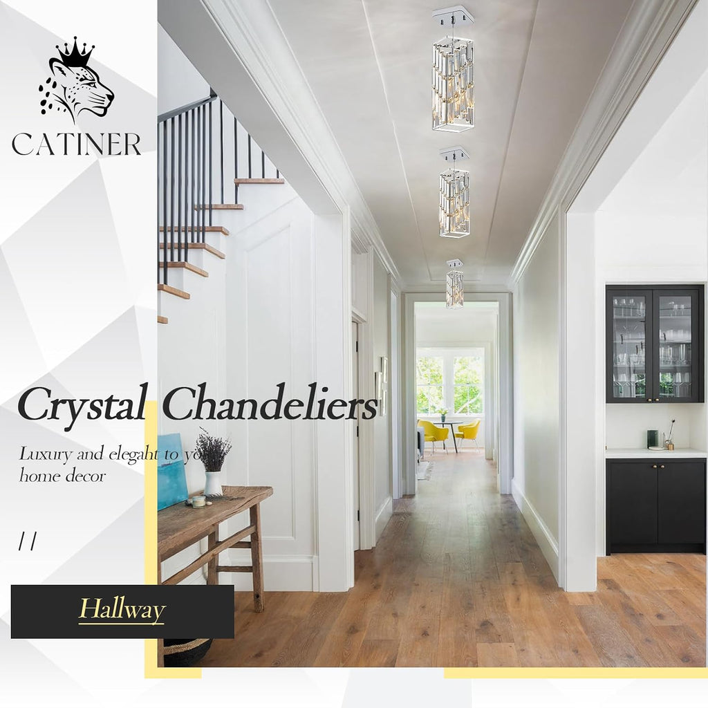CATINER Chrome Crystal Pendant Lights 3 Pack, Mini Hanging Pendant Lighting Fixture with Adjustable Cord, Modern Kitchen Island Pendant Lights for Dining Room, Bedroom, Hallway, E26 Base