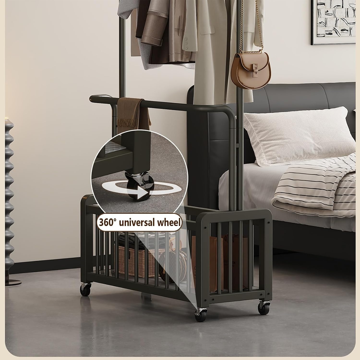 Clothes Rack With Storage Mesh Shelf,Garment Rack With Wheels,Heavy-Duty Metal Clothing Rack,Portable Rolling Clothing Rack For Entryway,Bedroom(White,60cm/23.6in)