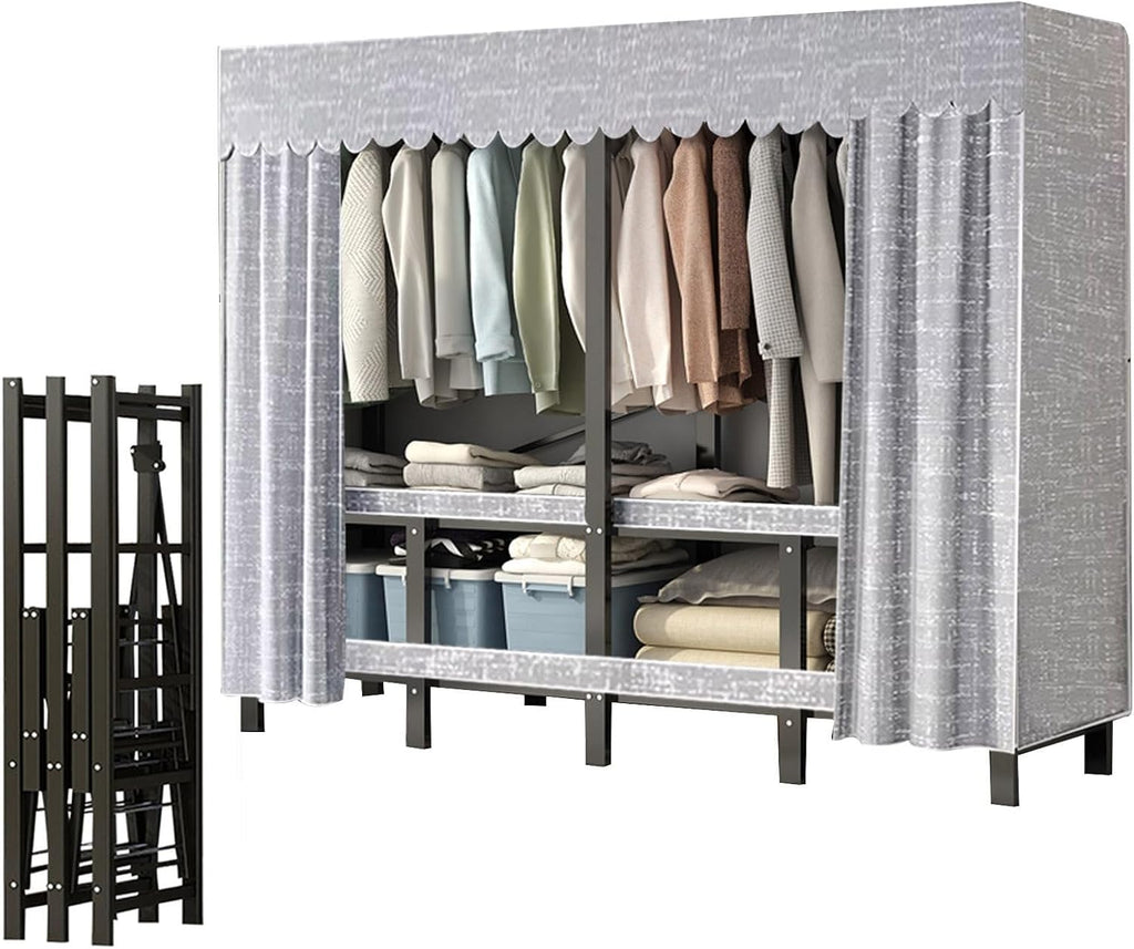 Wardrobe Clothes Organizer - Heavy Duty Metal Garment Rack With Fabric Cover And 2 Hanging Rods, Portable Foldable Wardrobe Closet, Fabric Wardrobe Closet, Load 1200 Lbs For Hanging Clothes(190cm/74.8