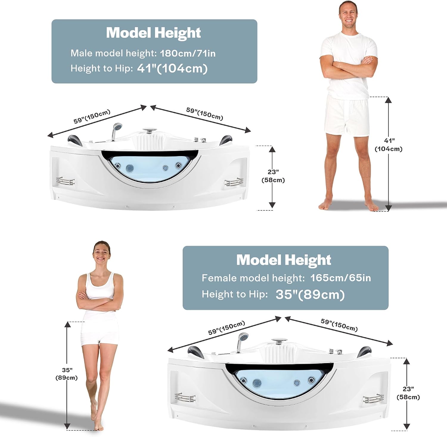 Empava 59' Corner Whirlpool Bathtub for 2-Person, Luxury Jetted Spa Tub with 10 Hydro Massage Jets, Built-in Heater, Chromatherapy LED Lights & Constant Heat System, ETL Certified Acrylic Tub