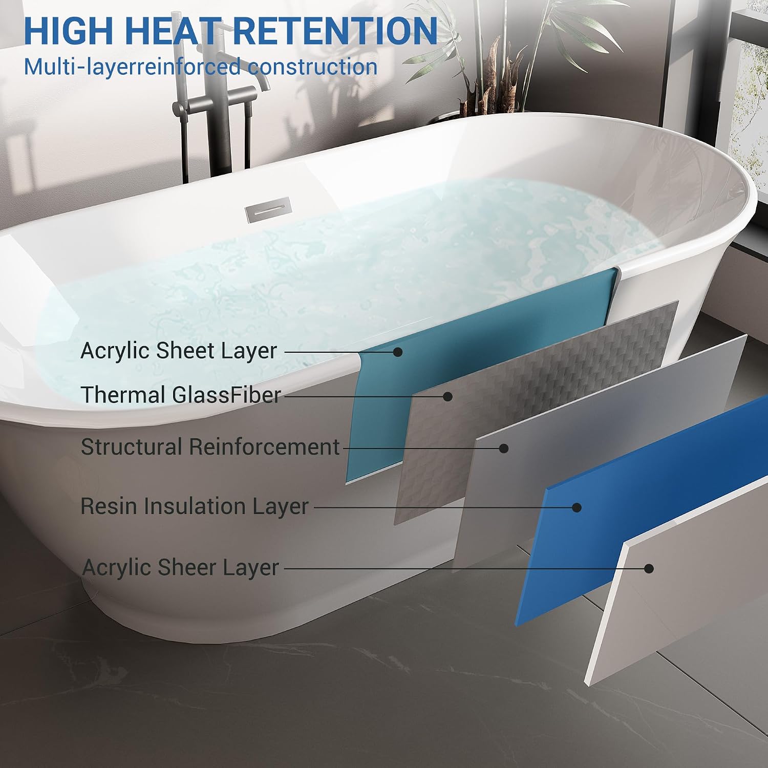 GarveeTech 67 in Freestanding Acrylic Bathtub, Luxury Oval-Shaped Soaking Tub, Modern Stand Alone Bathtub with Chrome Drain, Chrome Overflow and Drainage Pipe, Gray+White