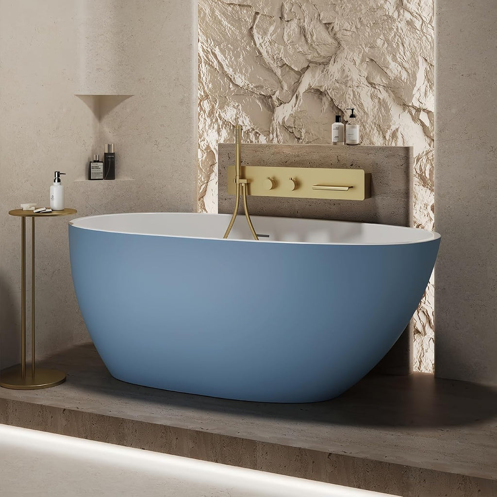 60' Edeyeu Oval Freestanding Bathtub - Extra Deep Soaker Tub With Premium Acrylic, Ergonomic Solid Surface Stand Alone Bathtub, Modern Freestanding Bathtubs For Spa Experience Blue