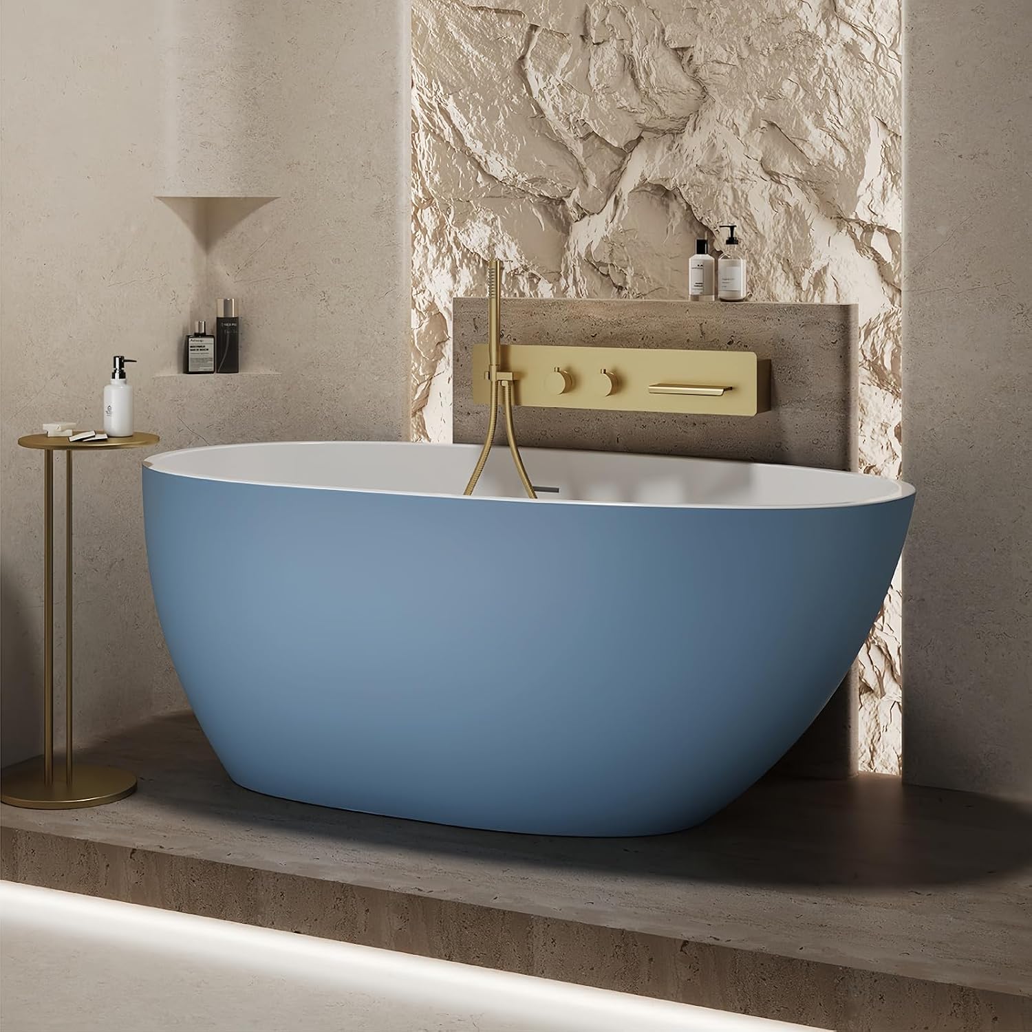 60' Edeyeu Oval Freestanding Bathtub - Extra Deep Soaker Tub With Premium Acrylic, Ergonomic Solid Surface Stand Alone Bathtub, Modern Freestanding Bathtubs For Spa Experience Blue