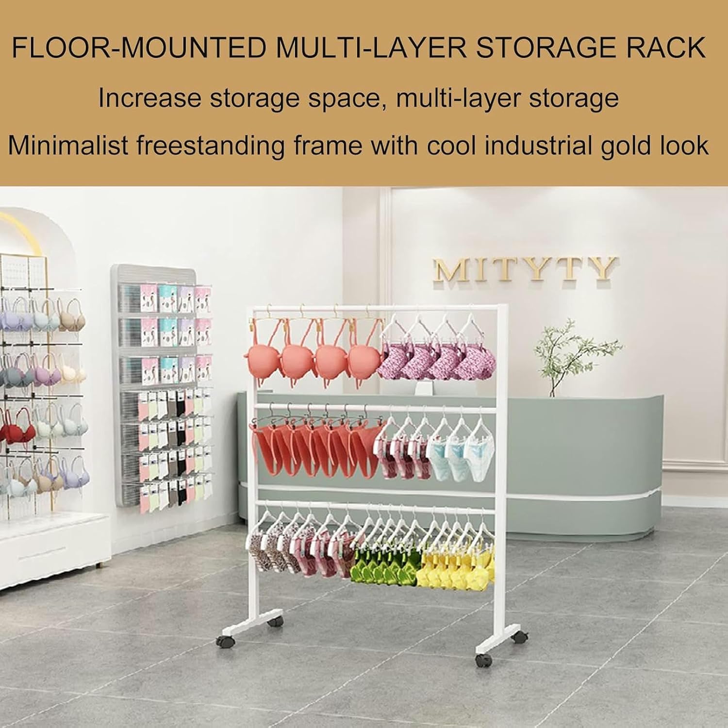 Freestanding Metal Scarf Display Rack, Underwear Panty Rack Shorts Display Bra Stand, Clothes Organizer with Wheels, 3- Tier Shelves for Bedroom/Boutique/Cloth Store
