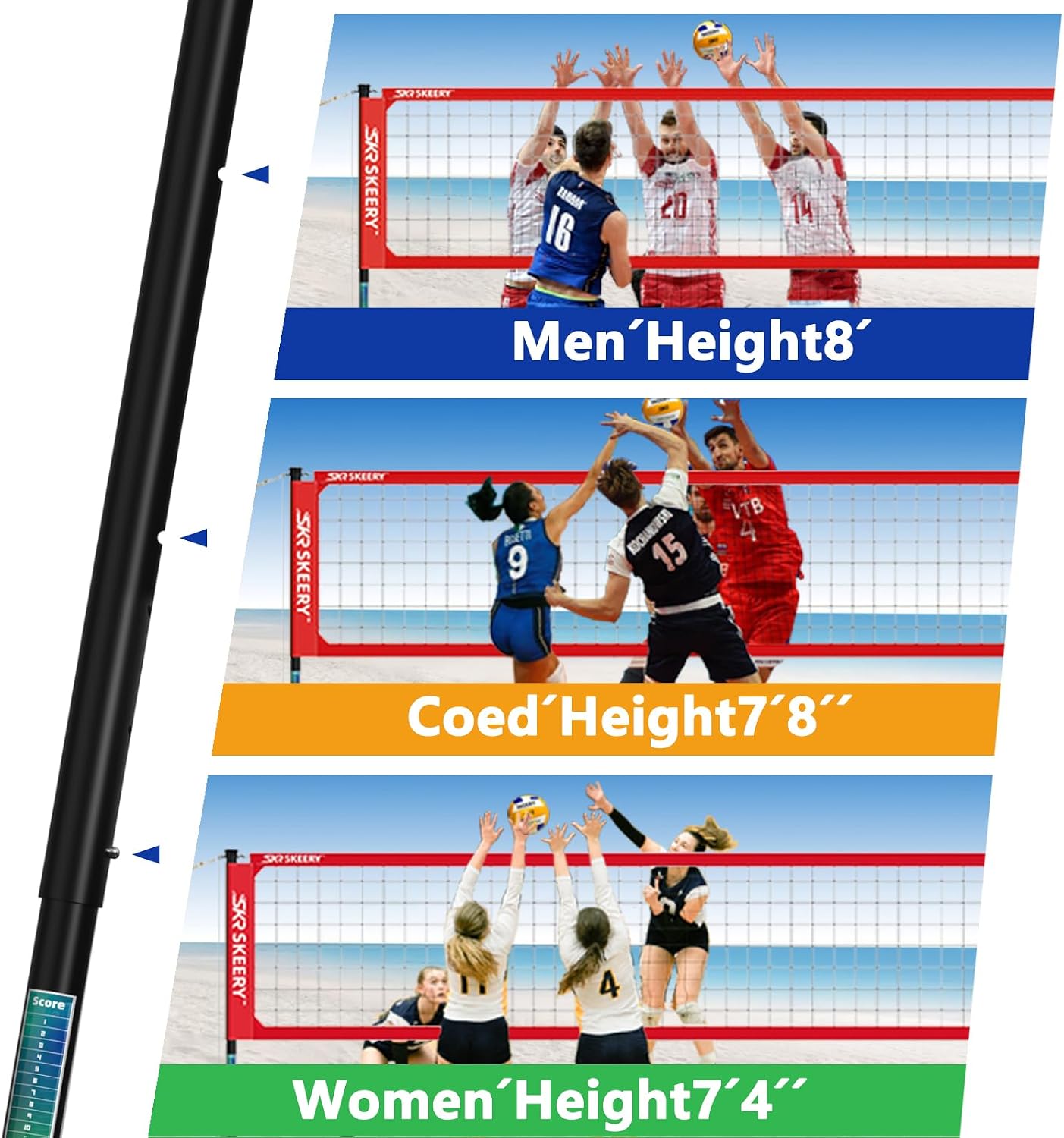 SKEERY Outdoor Heavy Duty Volleyball Net Set, Anti-Sag Design, Adjustable Aluminum Poles, Portable Volleyball Net for Backyard,Grass and Beach