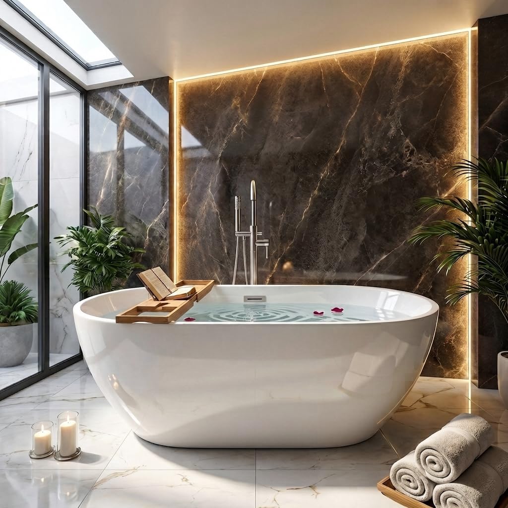 59' Acrylic Freestanding Bathtub, Double-Walled Insulated Soaking Tub with 17.3' Ergonomic Deep Design, Glossy White, Integrated Chrome Drain & Overflow, cUPC Certified Stand Alone Tub, Curved White