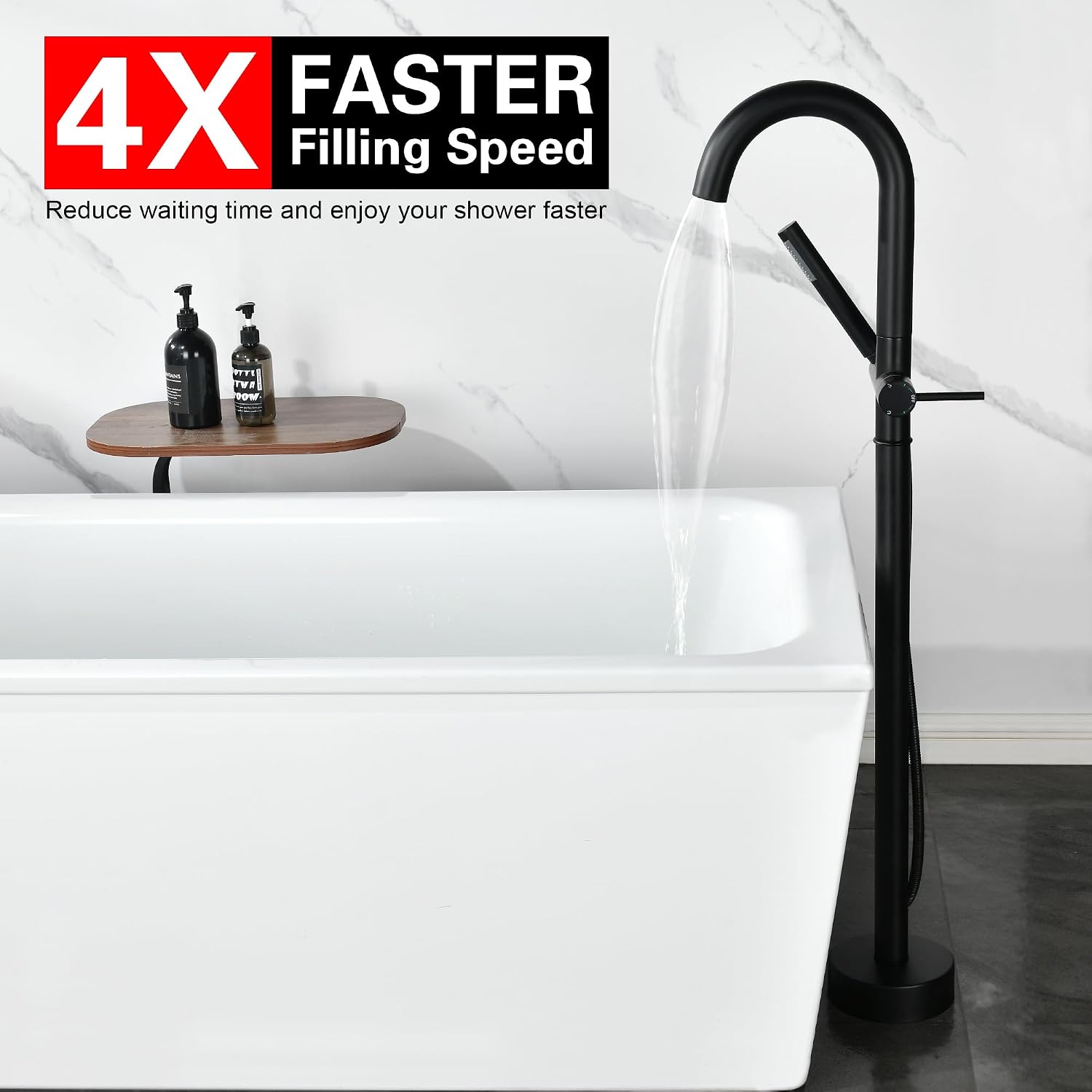 sumerain Matte Black Free Standing Tub Faucet with Handheld, High Flow Rate Bathroom Floor Mount Bathtub Faucet with Swivel Spout