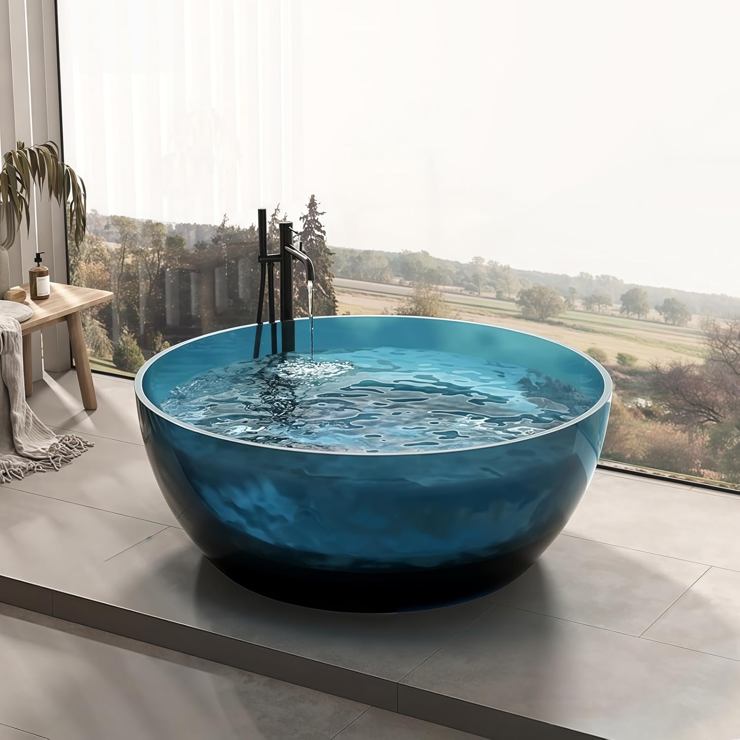 56' Edeyeu Round Freestanding Bathtub - Modern Soaker Tub, Extra-Deep Freestanding Tub with a Crystal-Clear Solid Surface, Suitable for Villas, Apartments, and Hotels Blue