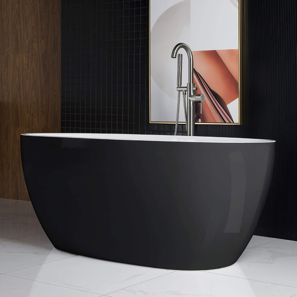 WOODBRIDGE 59' Acrylic Freestanding Bathtub Contemporary Soaking Black Tub with Brushed Nickel Overflow and Drain，B1818 Black -B/N-Drain &O