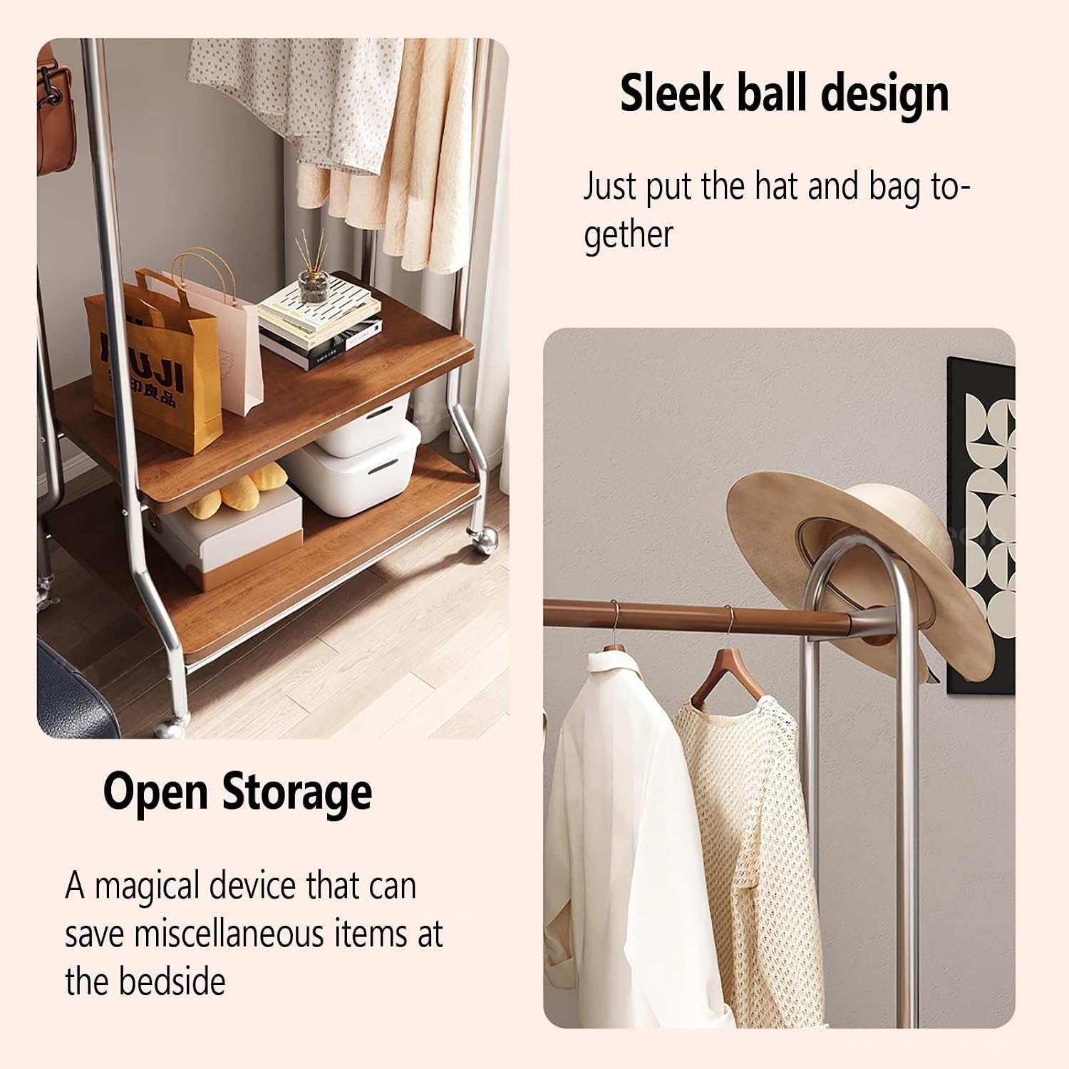 Clothes Rack With Wheels,Portable Rolling Garment Rack For Hanging Clothes,2-layer Shelf,Combination Of Stainless Steel And Solid Wood,Suitable For Entrance,Bedroom,Clothing Store(Black)