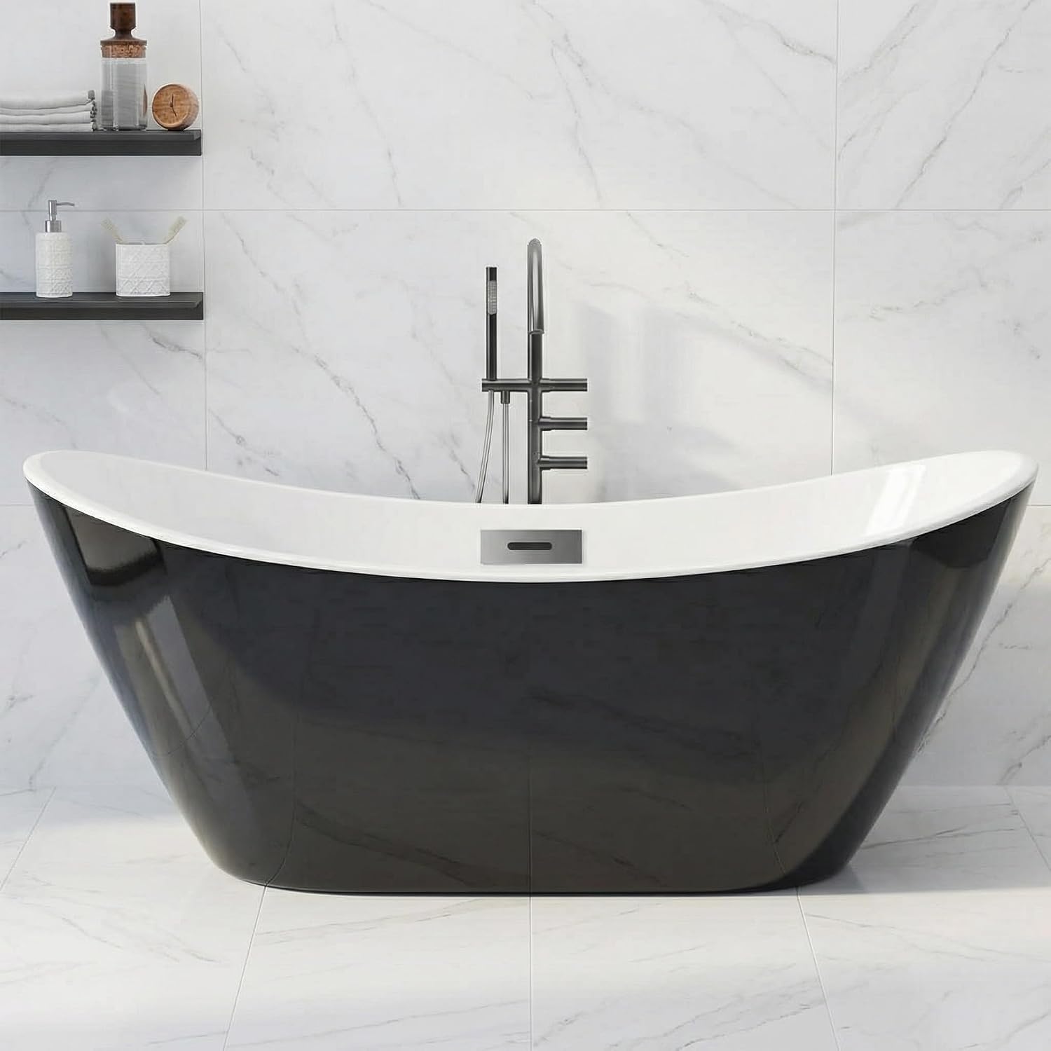 GarveeLife 59 Inch Freestanding Bathtub, Black and White Soaking Tub, Modern Acrylic Standalone Soaker with Matte Black Overflow & Pop-Up Drain, Two-Tone Finish