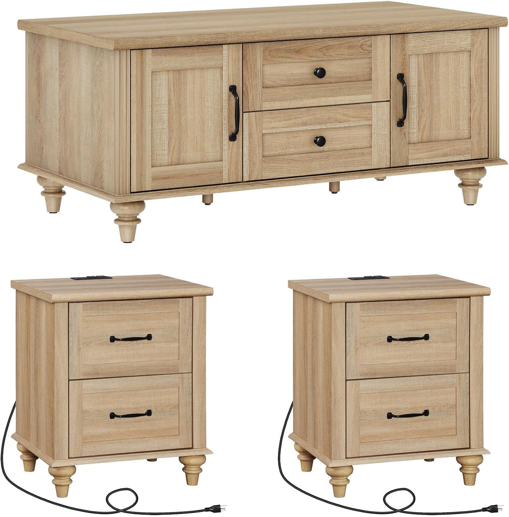 WAMPAT 3 Pieces Living Room Table Set, Set of 2 Nightstands Side Tables with Charging Station, One Rectangle Coffee Table with Storage Cabinet & Drawer, Oak