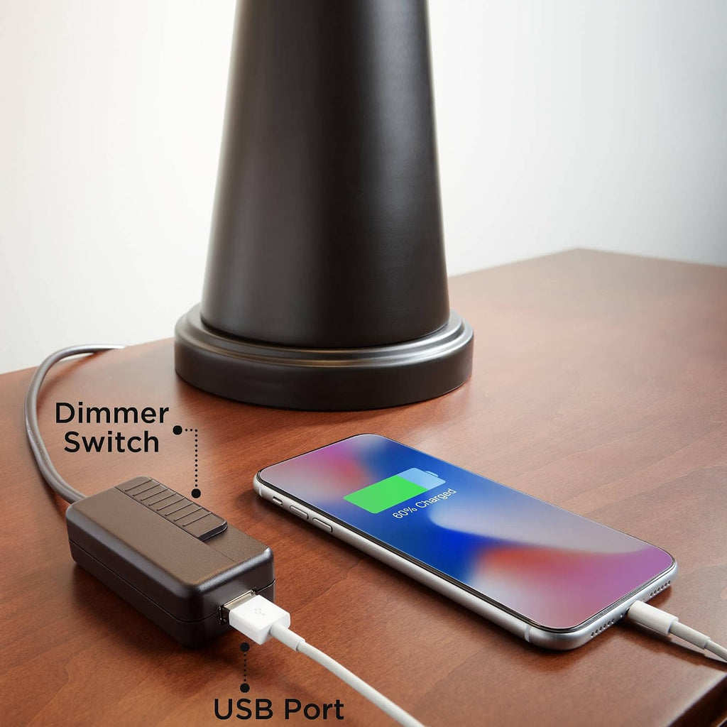 Franklin Iron Works Naomi Modern Industrial 3-Way Table Lamp 25' High with Dimmer and USB Charging Port Aged Bronze Brown Mica Drum Shade for Bedroom Living Room Desk Nightstand Bedside Night Stand