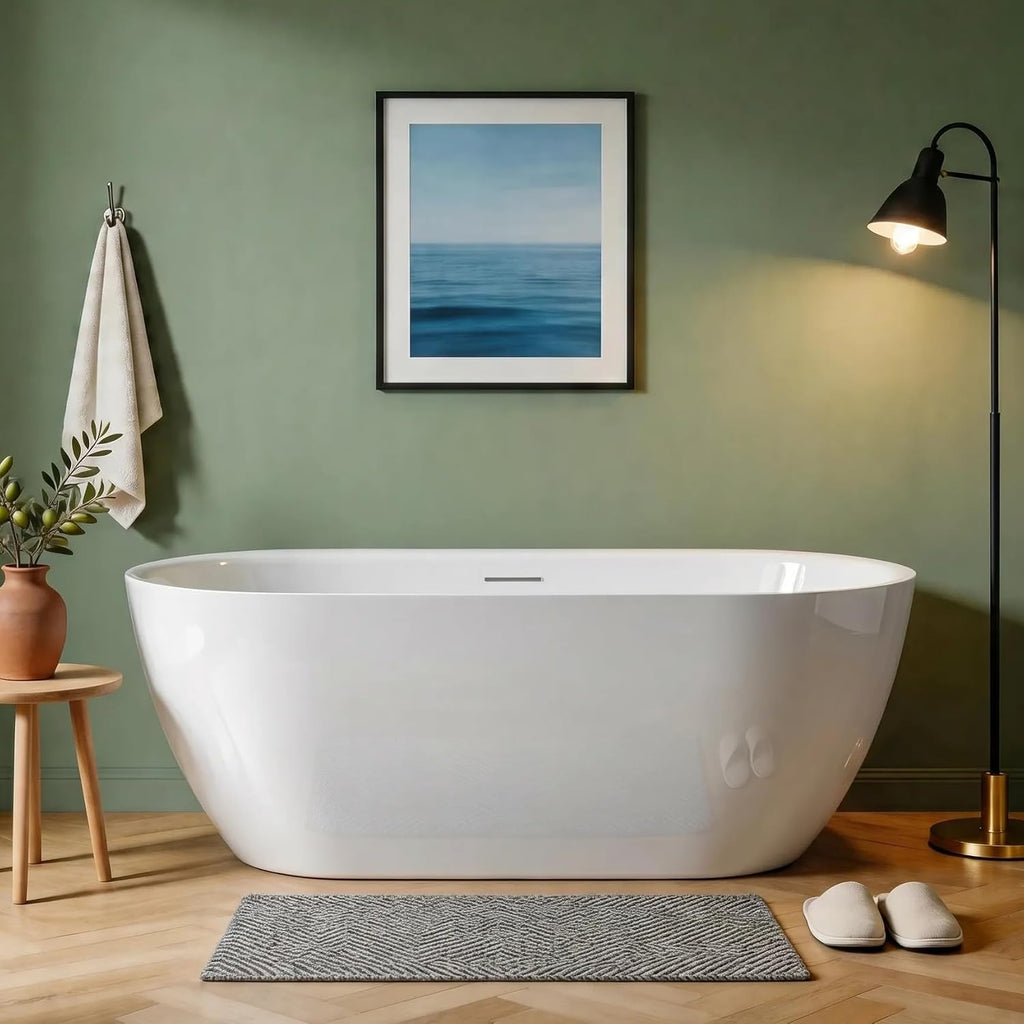 59' Freestanding Bathtub cUPC Certified, Acrylic Oval Deep Soaking Tub, Fiberglass Reinforced Stand Alone Bathtub with Integrated Overflow & Drain, Ergonomic Design, Glossy White Modern Bathroom Tub