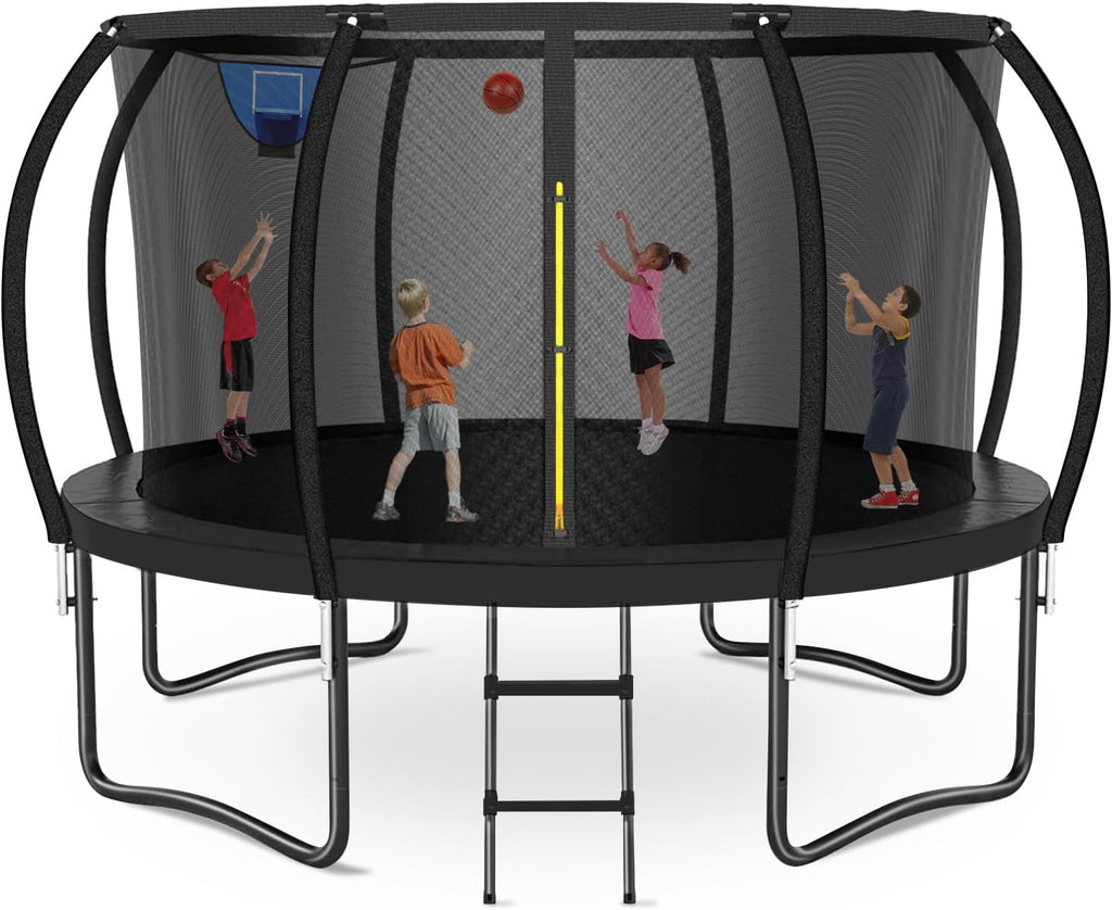 Zevemomo 12 FT Outdoor Kids Trampolines, 12 FT Trampoline with Basketball Hoop & Net, Coating Frame, Heavy Duty Pumpkin Trampolines, Black