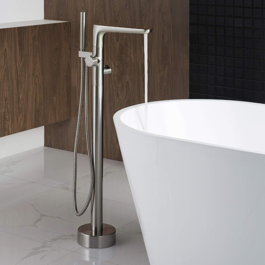 WOODBRIDGE Contemporary Single Handle Floor Mount Freestanding Tub Filler Faucet with Hand shower in Brushed Nickel Finish,F0014BN