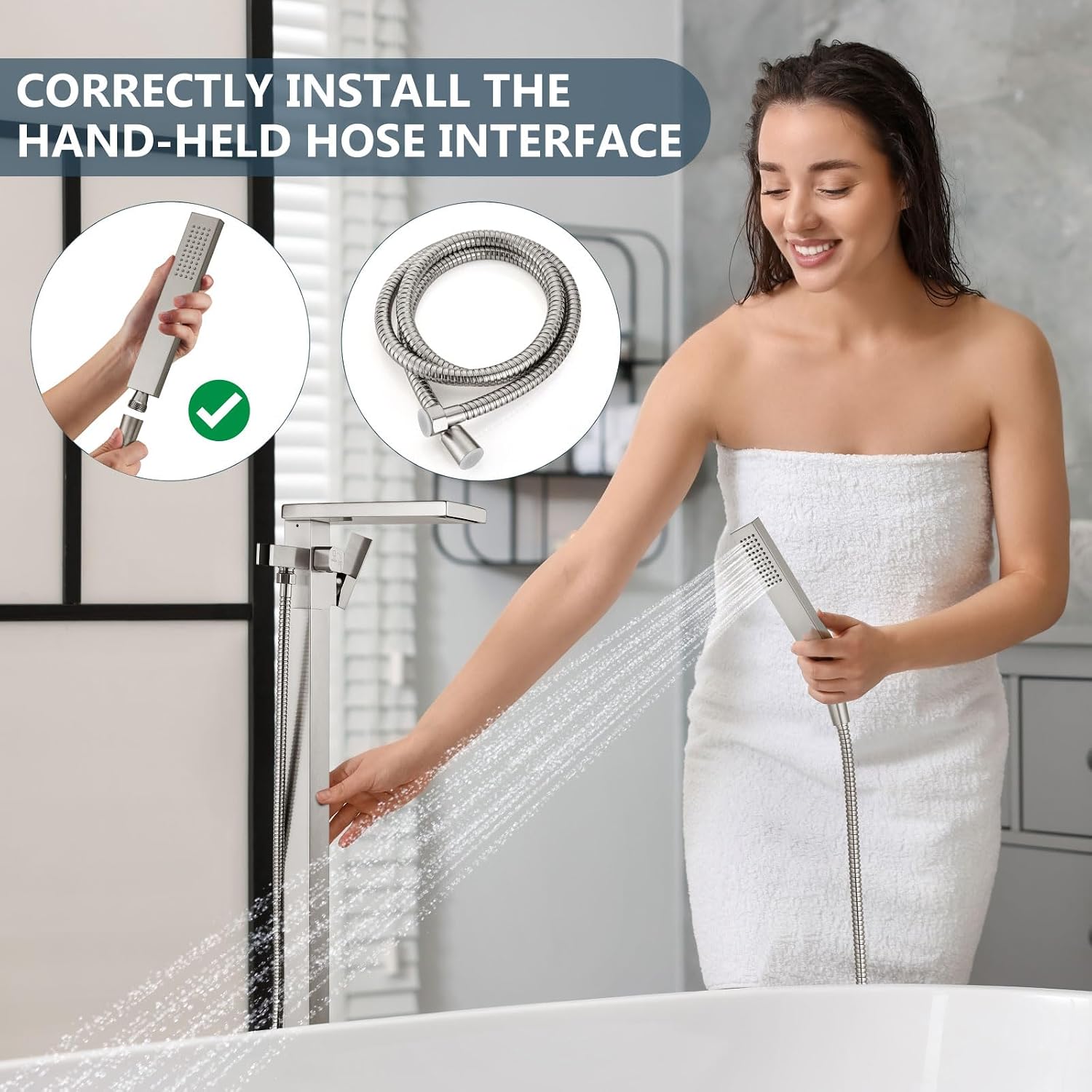 Aolemi Freestanding Bathtub Faucet Floor Mount Tub Filler with Handheld Spray Single Handle Free Standing Bathroom Faucets Swivel Flat Waterfall Spout Brushed Nickel