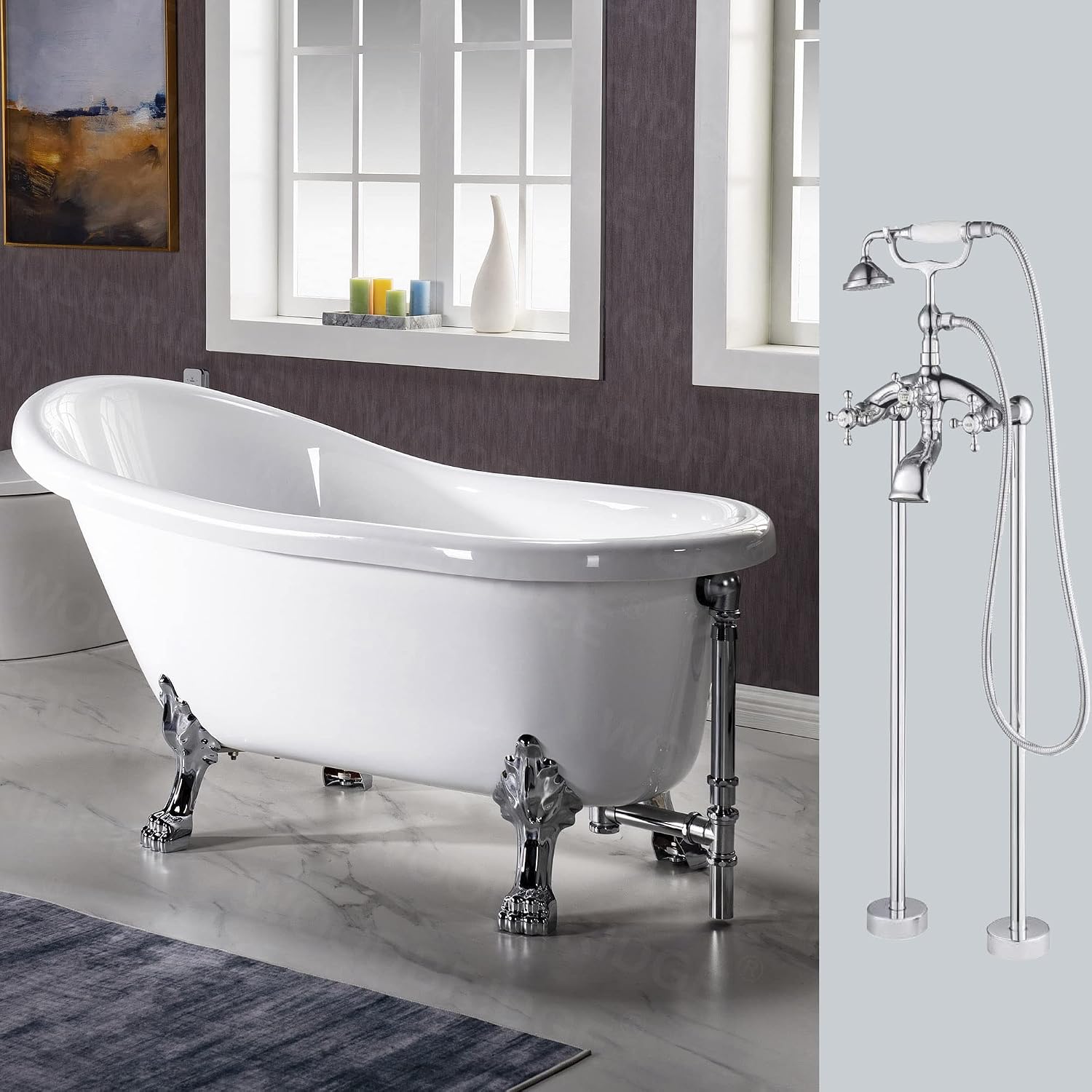 WOODBRIDGE 54' Heavy Duty Acrylic Slipper Clawfoot Bath Tub with Chrome Feet + Drain &Overflow +Chrome-Faucet