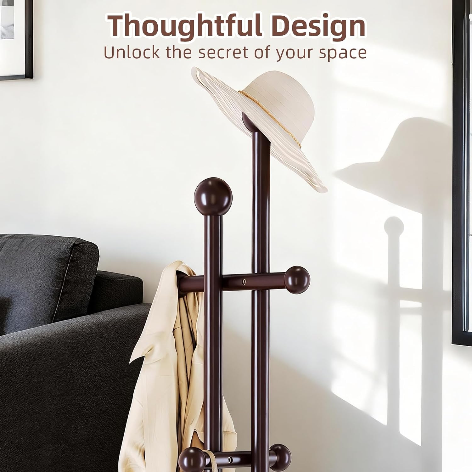 CozyDH Coat Rack Wooden Freestanding - Wood Coat Rack Freestanding Heavy Duty, Wooden Coat Stand with 6 Hooks Creative Look for Entryway, Hallway, Bedroom (Dark Walnut)