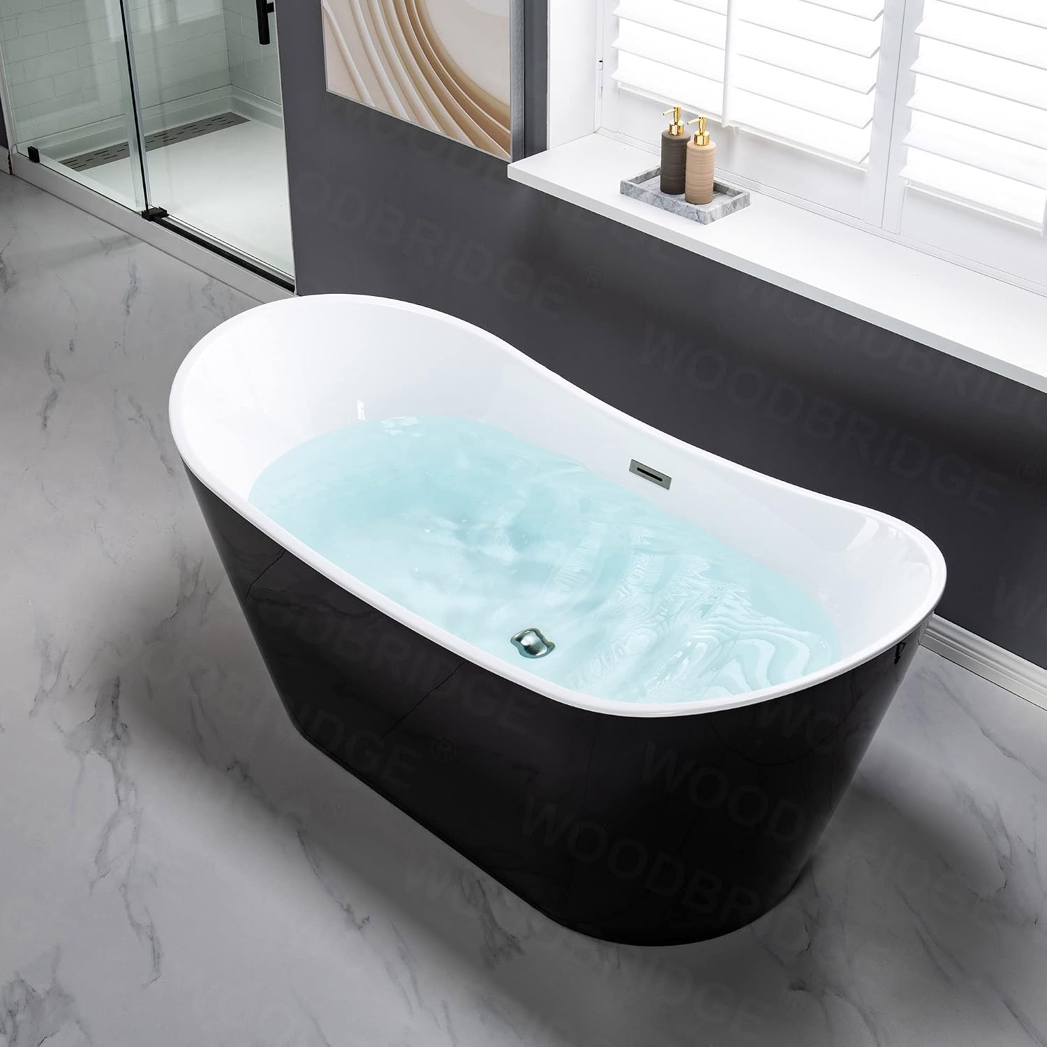 WOODBRIDGE 67' Acrylic Freestanding Bathtub Contemporary Soaking Tub with Brushed Nickel Overflow and Drain,Black,B1815-BN