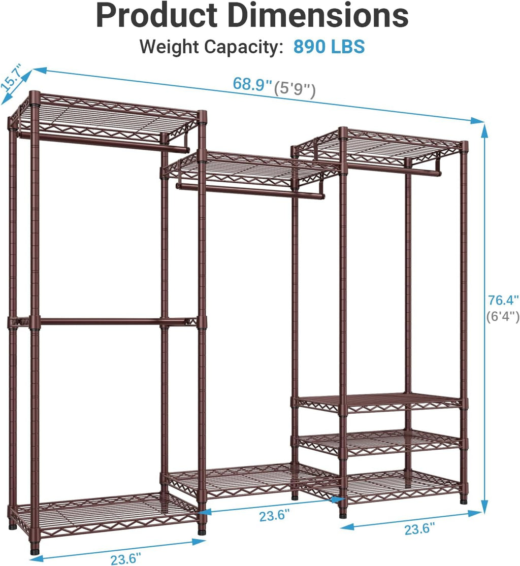 VIPEK V5 Portable Closet Wardrobe Heavy Duty Clothes Rack Metal Freestanding Clothing Racks, Adjustable Custom Closet Racks with 4 Hanging Rods & 8 Shelves, 68.9' Lx15.7 Wx76.4 H, Bronze
