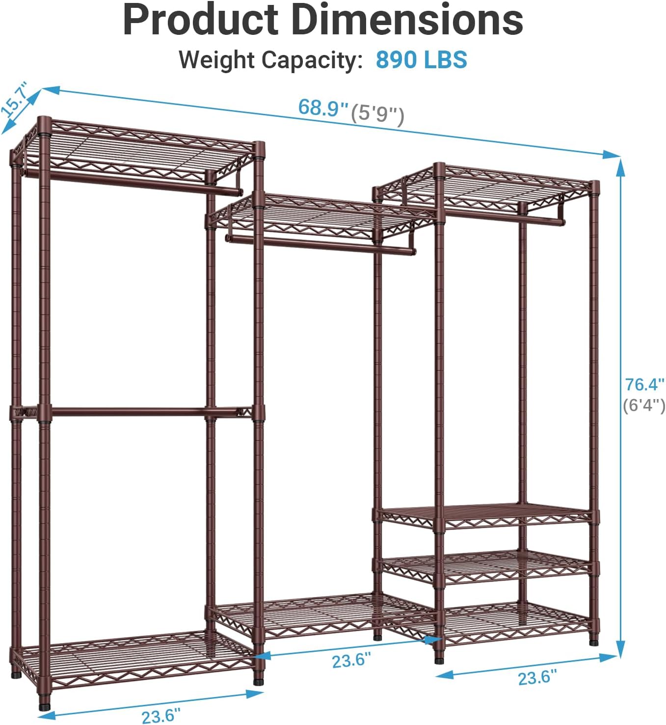 VIPEK V5 Portable Closet Wardrobe Heavy Duty Clothes Rack Metal Freestanding Clothing Racks, Adjustable Custom Closet Racks with 4 Hanging Rods & 8 Shelves, 68.9' Lx15.7 Wx76.4 H, Bronze
