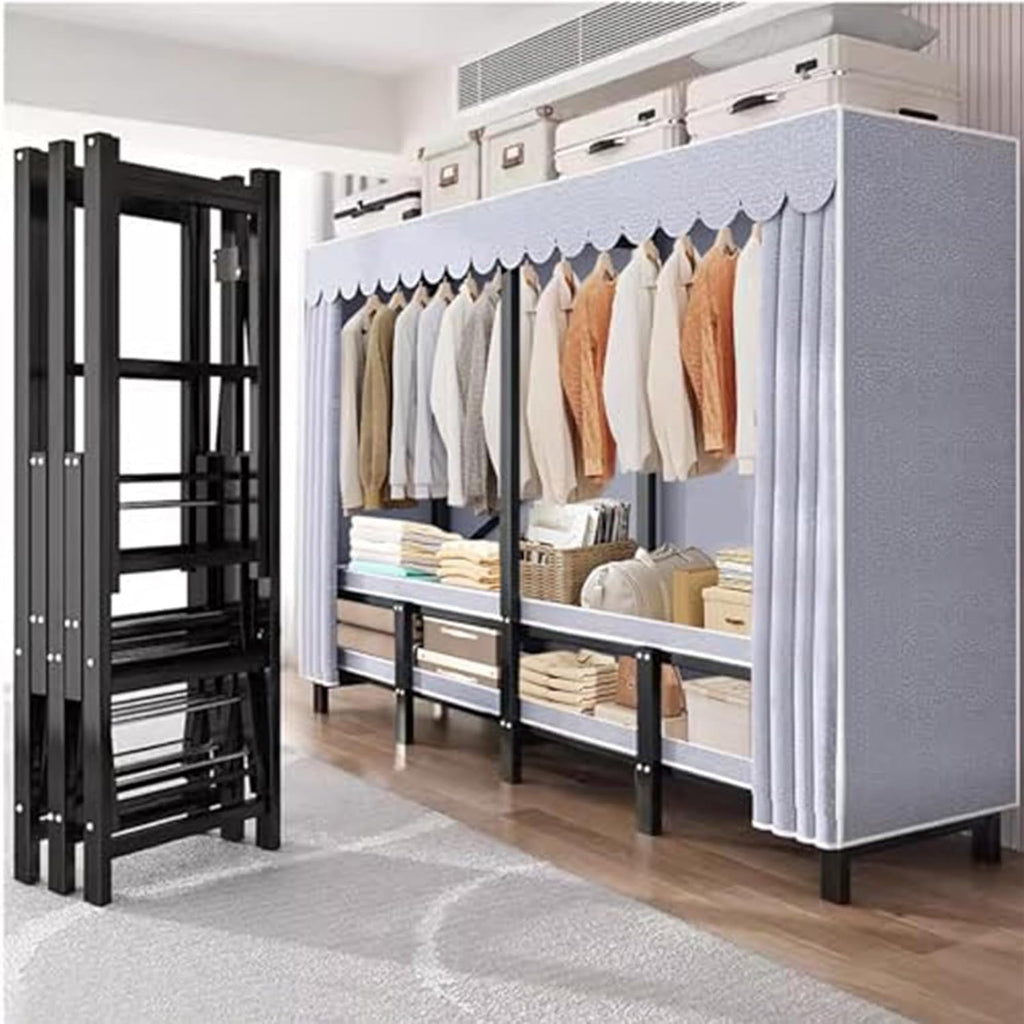 Metal Wardrobe Closet - Bedroom Fabric Wardrobe, Portable Wardrobe Closet Rack, Heavy-Duty Foldable Garment Rack With Cover, 1100lbs, Freestanding Rack Clothes Organizer System, For Corridor(190*50*17