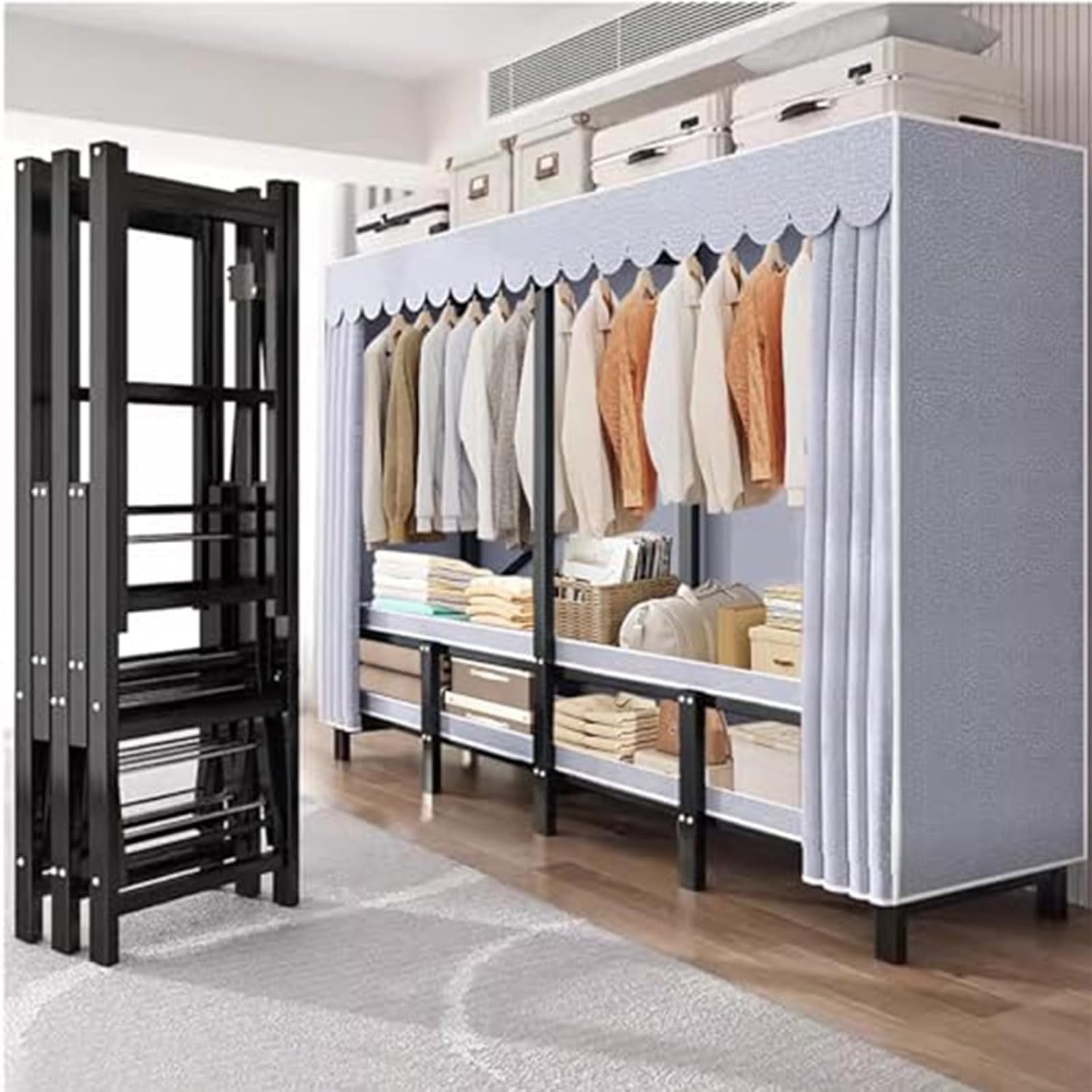 Metal Wardrobe Closet - Bedroom Fabric Wardrobe, Portable Wardrobe Closet Rack, Heavy-Duty Foldable Garment Rack With Cover, 1100lbs, Freestanding Rack Clothes Organizer System, For Corridor(168*50*17