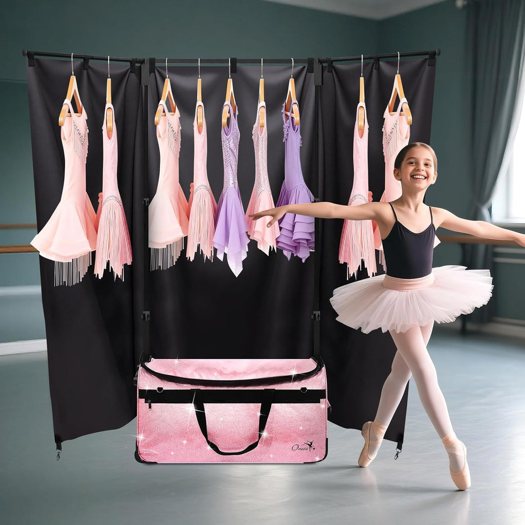 Dance Bag with Garment Rack and Curtain | 23' Sparkling Dance Competition Duffle Bag with Rack & Wheels | Upgraded Stable System | Ideal Rolling Dance Suitcase for Dancer Cheerleader Gymnast Traveler