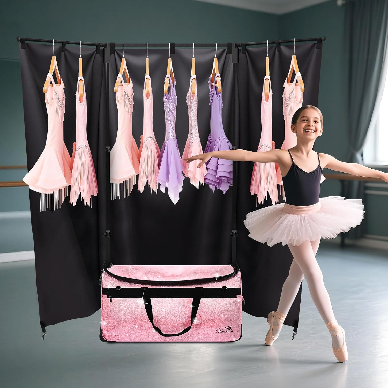 Dance Bag with Garment Rack and Curtain | 23' Sparkling Dance Competition Duffle Bag with Rack & Wheels | Upgraded Stable System | Ideal Rolling Dance Suitcase for Dancer Cheerleader Gymnast Traveler