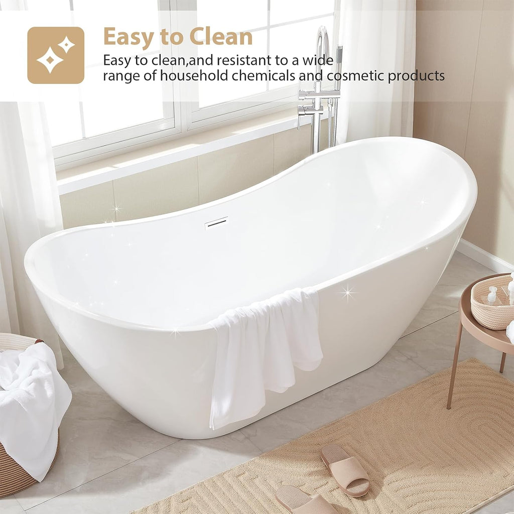 Vanity Art 71' Freestanding Bathtub | Free Standing Tub Stand Alone Tub with Contemporary Design for Soaking and Bathing, Overflow and Pop-up Drain with UPC Certified, Acrylic, VA6517-BN