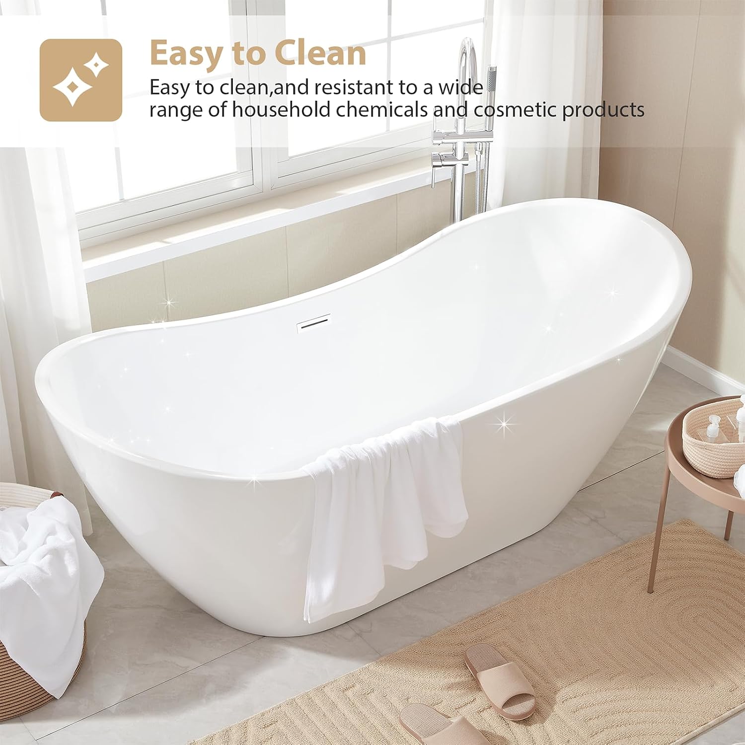 Vanity Art 71' Freestanding Bathtub | Free Standing Tub Stand Alone Tub with Contemporary Design for Soaking and Bathing, Overflow and Pop-up Drain with UPC Certified, Acrylic, VA6517-BN