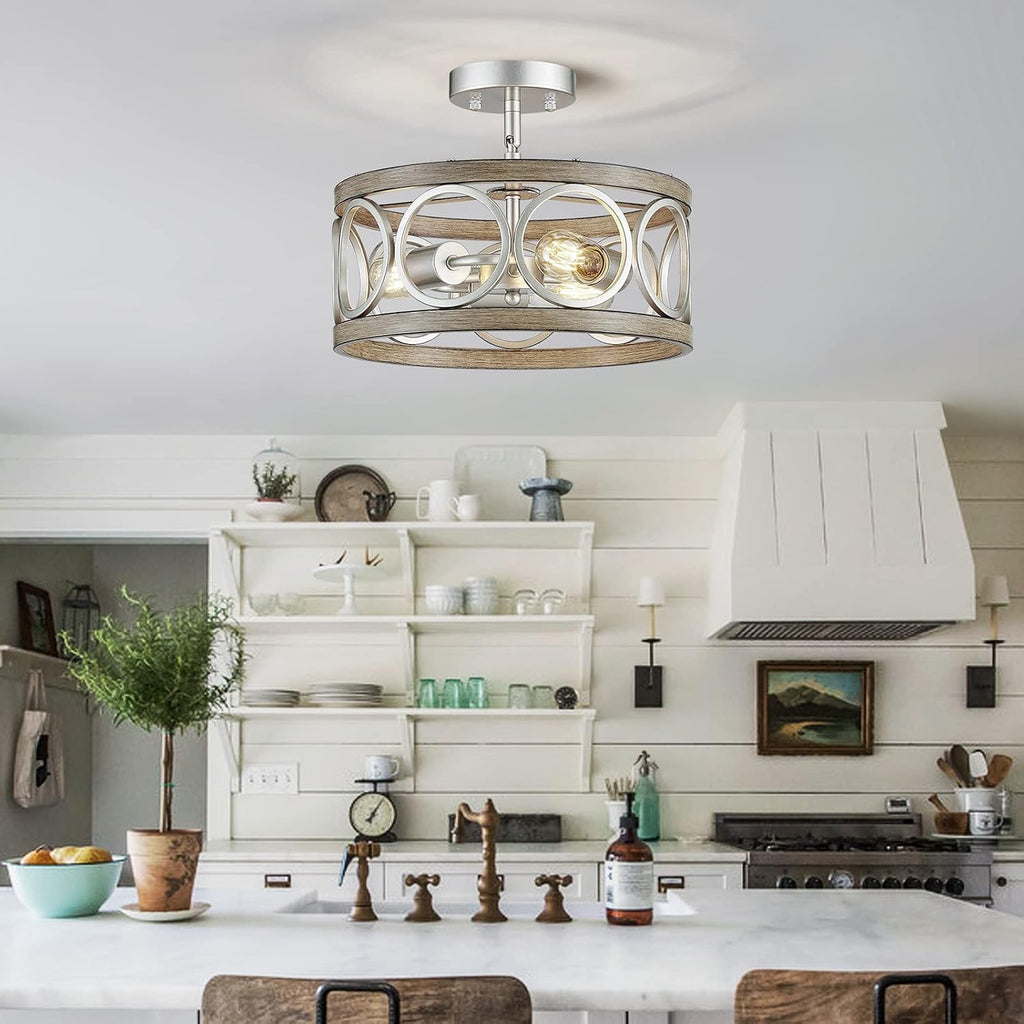 XINGQI 13' Modern 3-Light Brushed Nickel Rustic Semi Flush Mount Ceiling Light Fixture Wood Grain Metal Round Lamp for Kitchen Dining Room Bedroom Entryway